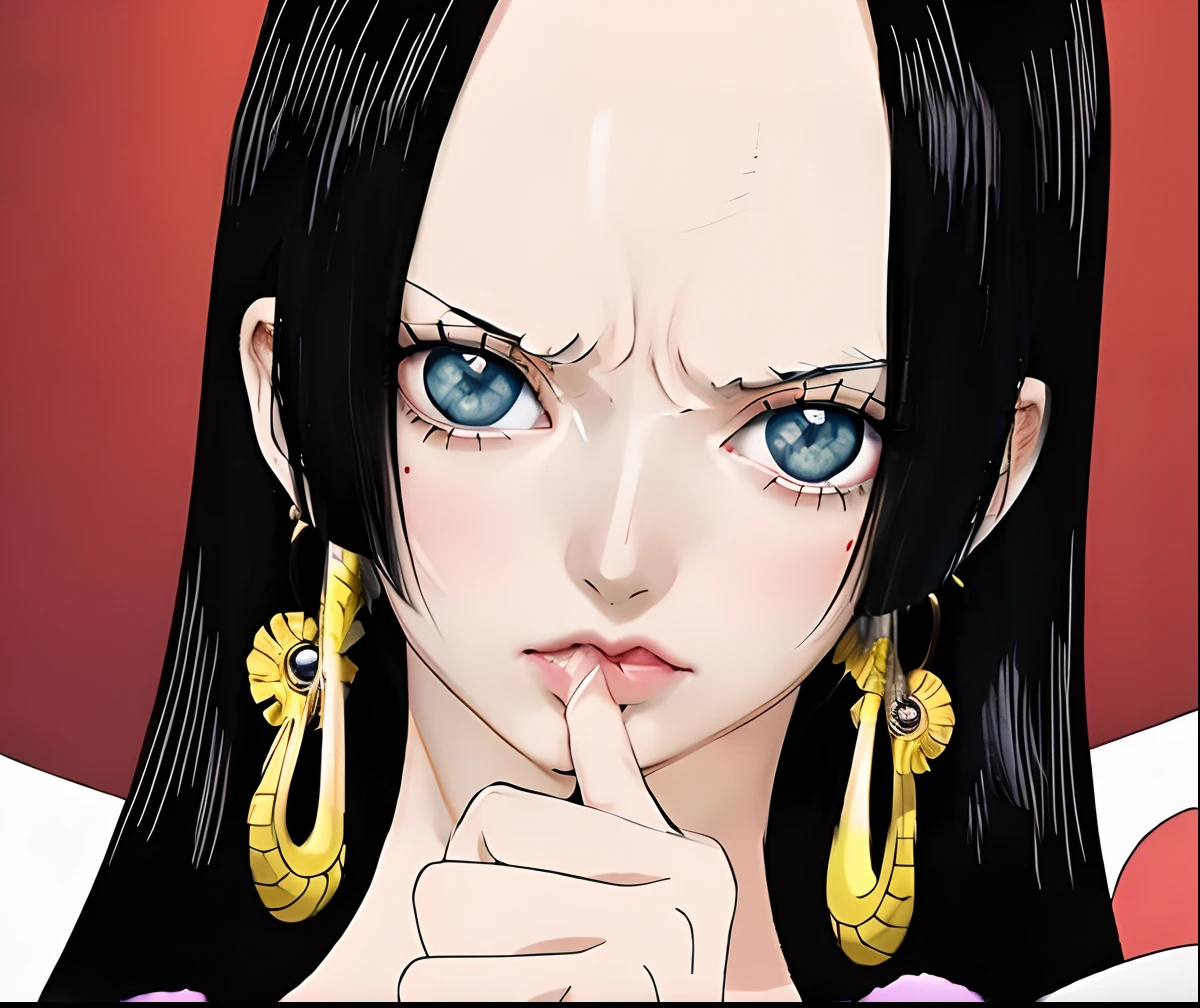 Woman with long black hair and earrings pointing fingers to her mouth, Nico Robin, from one piece, Nami of one piece, nami one piece, powerful chin, however、Stern look about her, best anime character design, a female anime character, grim facial expression, it has a piercing gaze, Anime girl named Lucy, Piercing Stand, oda non, arrogant look