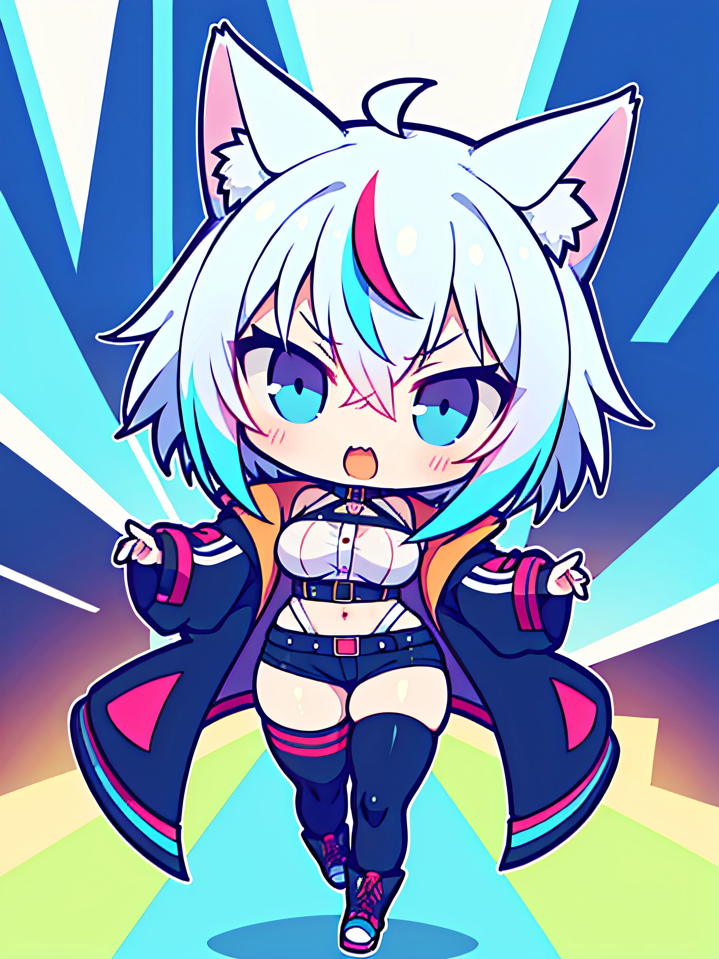 the anime character is fully dressed in very warm and sexy outfit, oversized jacket, 1girl, solo, multicolored pastel hair, blue eyes, virtual youtuber, cat ears, streaked hair, white hair, breasts, angry, short hair, expressive, dark bodysuit, neon, cyberpunk, perfect face, high res, ultrasharp, 8K, masterpiece, looking at viewer, chibi, kawaii, full body