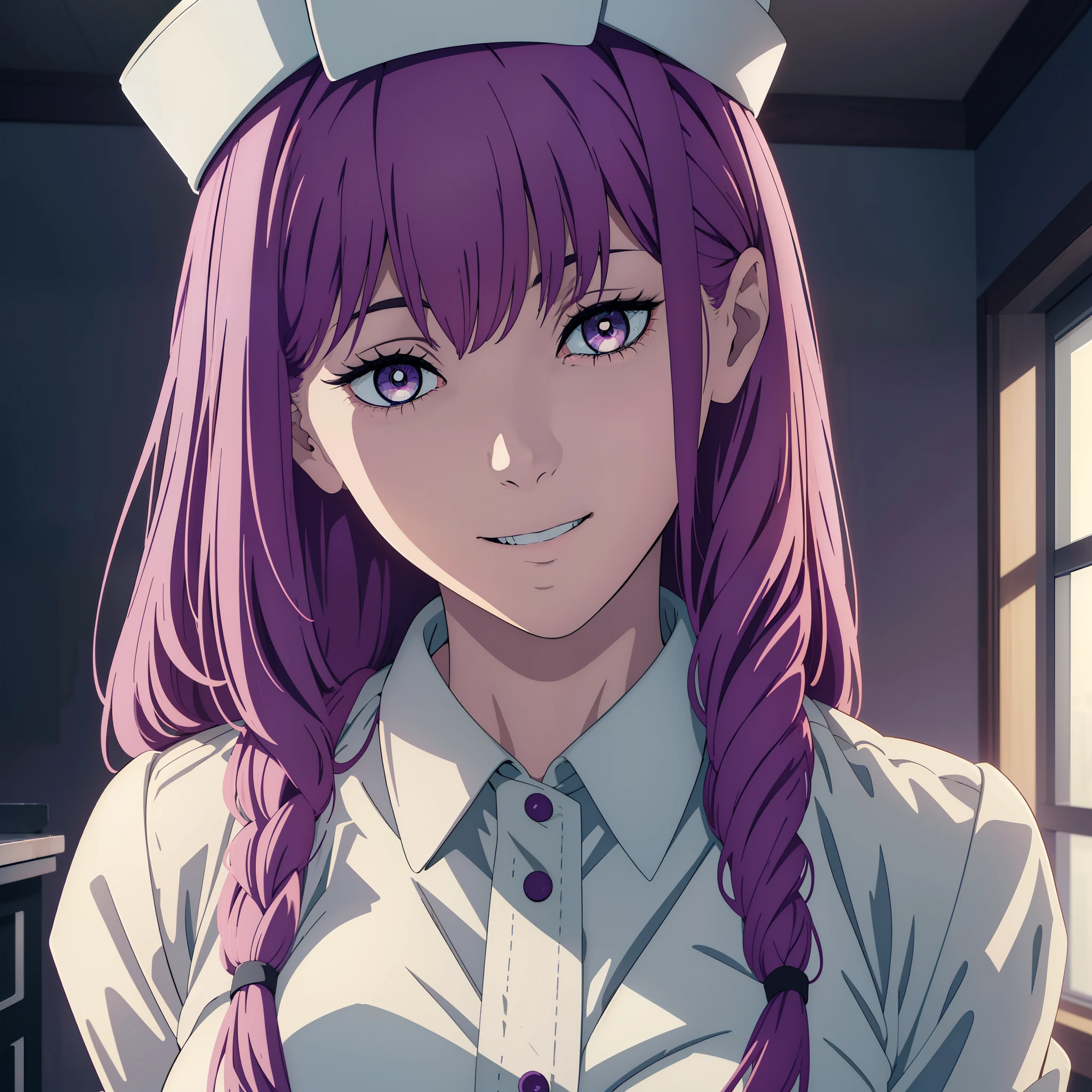 one-girl, nurses, gorgeous hair in long purple, smile, room, white nurse clothes, white nurse hat, looking at viewer, ((masterpiece)), ((best quality)), ((high detailed illustration)), ((high detailed background)), ((hi-res)), ((4k resolution))