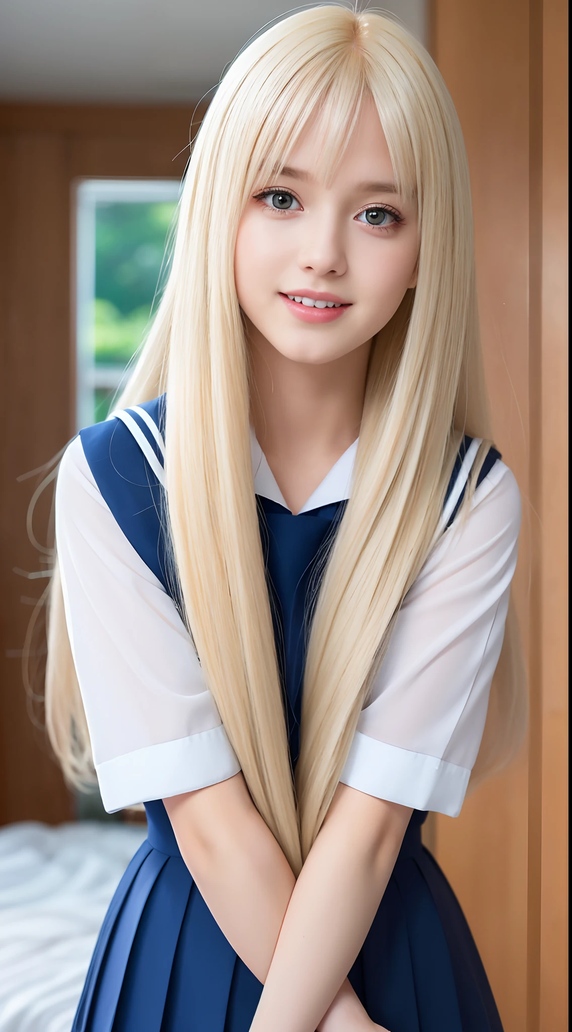 RAW photos, ((Portrait of extreme beauty))), upper body, (((glossy glossy skin)), one, -yeld pry beautiful girl, (shiny bright platinum blonde)), disheveled hair, [bright light blue big eyes shining with high definition], silky straight hair, super long hair, eyeliner, shiny bangs, fluttering hair, inviting expression, smile, ((masterpiece, highest quality, Ultra detail, light, complex detail, high resolution, 8k, very detail)), detailed background, 8k uhd, high quality, shallow depth of field, natural light, (perfect hands), school uniform, sailor suit, puritanical