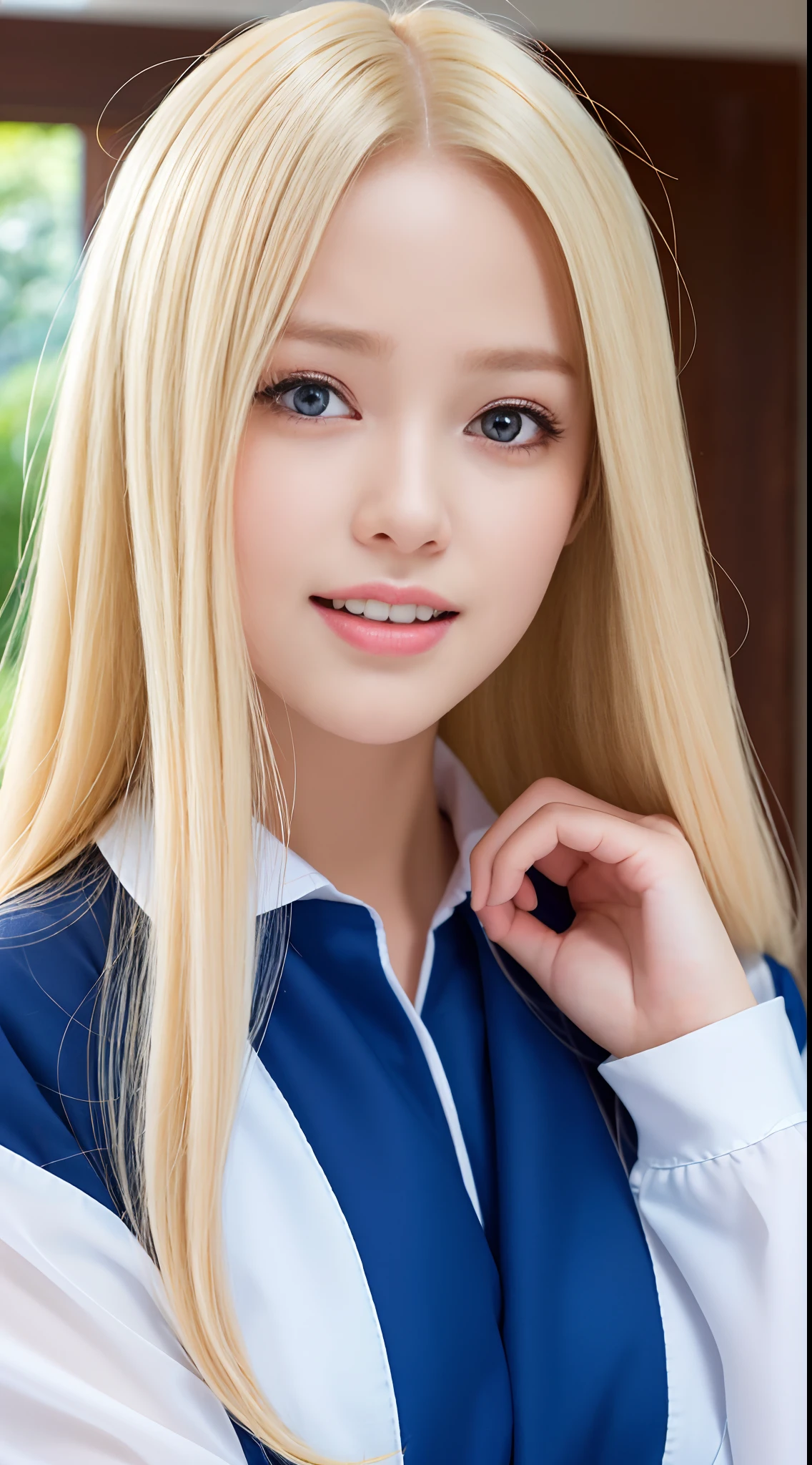 RAW photos, ((Portrait of extreme beauty))), upper body, (((glossy glossy skin)), one, 17-year-old pretty beautiful girl, (shiny bright platinum blonde)), disheveled hair, [bright light blue big eyes shining with high definition], silky straight hair, super long hair, eyeliner, shiny bangs, fluttering hair, inviting expression, smile, ((masterpiece, highest quality, Ultra detail, light, complex detail, high resolution, 8k, very detail)), detailed background, 8k uhd, high quality, shallow depth of field, natural light, (perfect hands), school uniform, sailor suit, puritanical