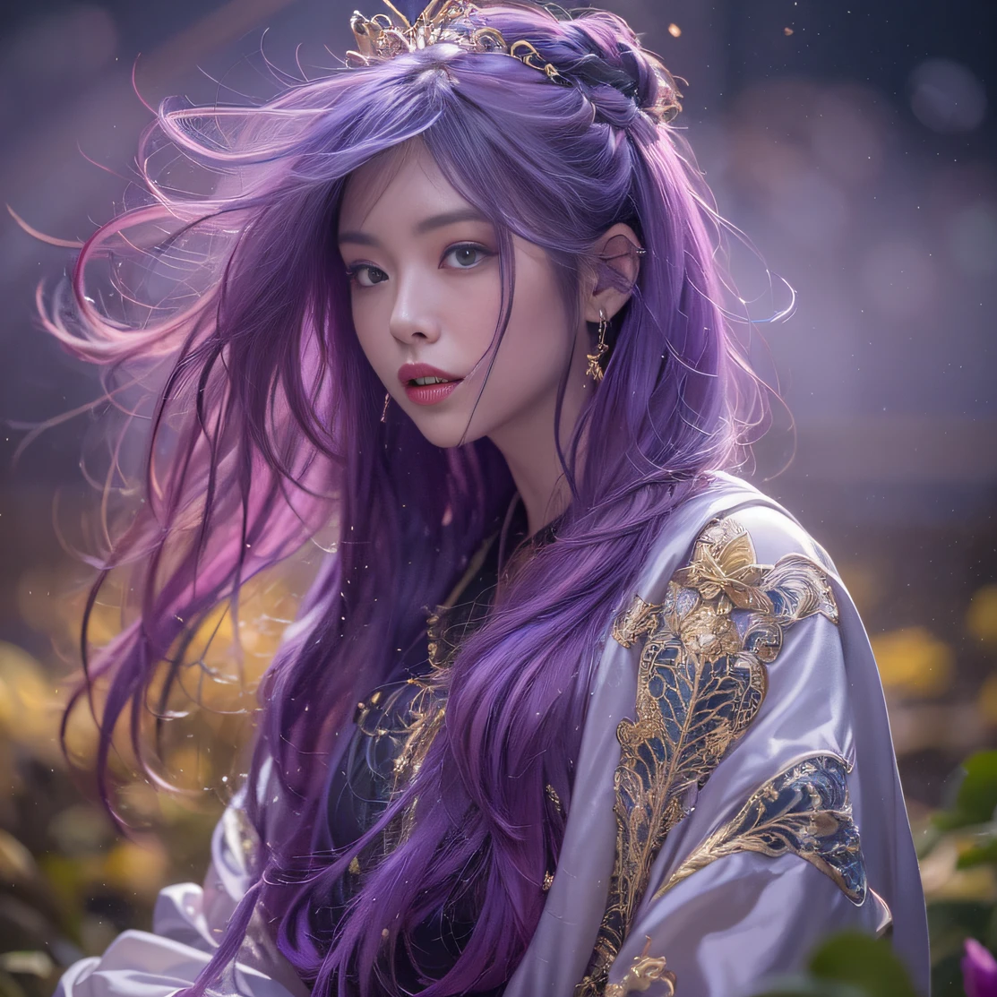Genki Girl 32K(tmasterpiece,k hd,hyper HD,32K)Long flowing bright purple hair,Autumn Pond,zydink, a color, Asian people (Genki girl), (Silk scarf), Combat posture, looking at the ground, long whitr hair, Floating bright purple, Fire cloud pattern gold tiara, Chinese long-sleeved gold silk garment, (Abstract metaverse splash:1.2), white backgrounid,Lotus vitality protector(realisticlying:1.4),Bright purple hair,Smoke on the road,The background is pure, A high resolution, the detail, RAW photogr, Sharp Re, Nikon D850 Film Stock Photo by Jefferies Lee 4 Kodak Portra 400 Camera F1.6 shots, Rich colors, ultra-realistic vivid textures, Dramatic lighting, Unreal Engine Art Station Trend, cinestir 800,A girl with long flowing bright purple hair