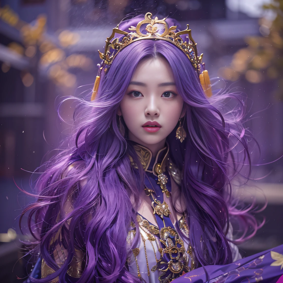 Genki Girl 32K(tmasterpiece,k hd,hyper HD,32K)Long flowing bright purple hair,Autumn Pond,zydink, a color, Asian people (Genki girl), (Silk scarf), Combat posture, looking at the ground, long whitr hair, Floating bright purple, Fire cloud pattern gold tiara, Chinese long-sleeved gold silk garment, (Abstract metaverse splash:1.2), white backgrounid,Lotus vitality protector(realisticlying:1.4),Bright purple hair,Smoke on the road,The background is pure, A high resolution, the detail, RAW photogr, Sharp Re, Nikon D850 Film Stock Photo by Jefferies Lee 4 Kodak Portra 400 Camera F1.6 shots, Rich colors, ultra-realistic vivid textures, Dramatic lighting, Unreal Engine Art Station Trend, cinestir 800,A girl with long flowing bright purple hair