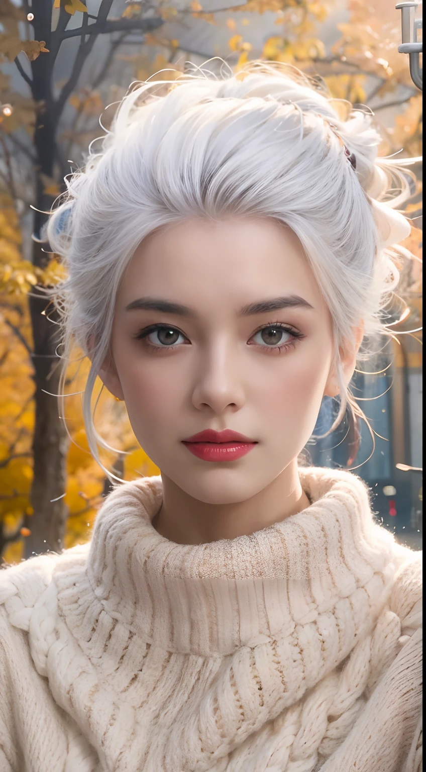 Medium Shot Shot, A beautiful woman looks at the camera, White hair, Chris Foss autumn off-the-shoulder sweater