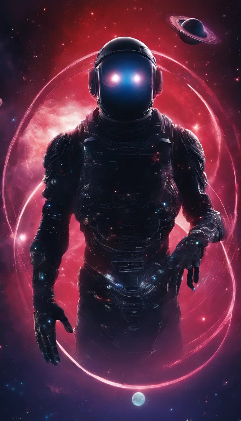 Multiverse, ghost, black face, black body, hands holding planets, universe, 4k quality, best quality, red eyes, dark and black aura.