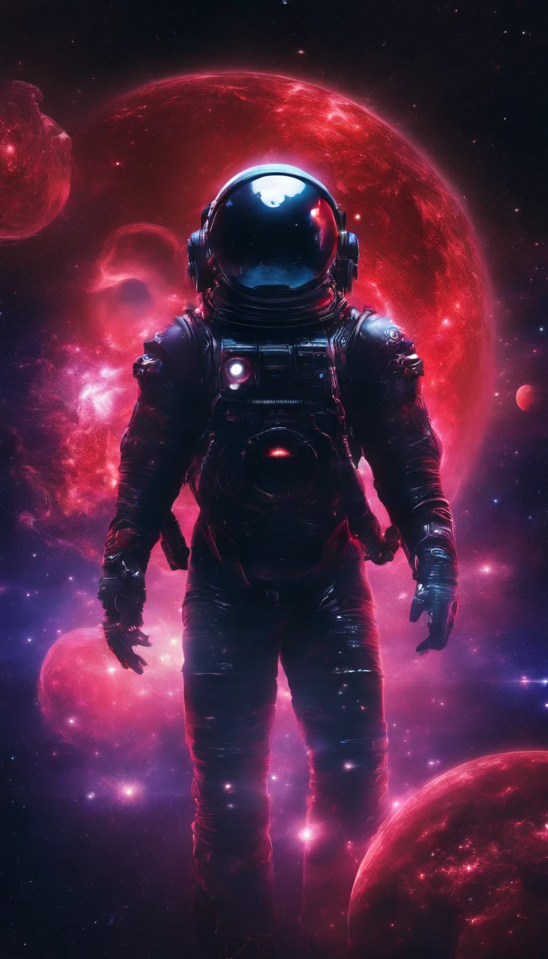 Multiverse, ghost, black face, black body, hands holding planets, universe, 4k quality, best quality, red eyes, dark and black aura.