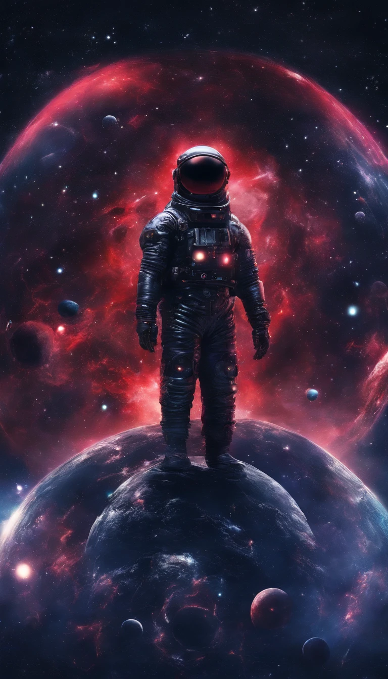Multiverse, ghost, black face, black body, hands holding planets, universe, 4k quality, best quality, red eyes, dark and black aura.