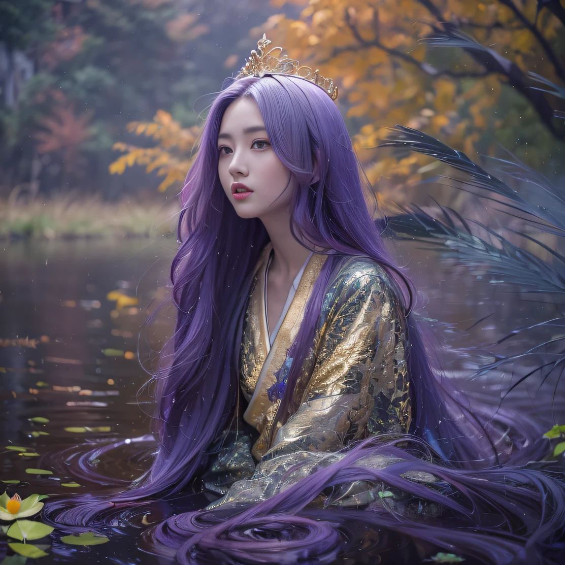 Genki Girl 32K（tmasterpiece，k hd，hyper HD，32K）Long flowing bright purple hair，Autumn Pond，zydink， a color， Asian people （Genki girl）， （Silk scarf）， Combat posture， looking at the ground， long whitr hair， Floating bright purple， Fire cloud pattern gold tiara， Chinese long-sleeved gold silk garment， （Abstract metaverse splash：1.2）， white backgrounid，Lotus vitality protector（realisticlying：1.4），Bright purple hair，Smoke on the road，The background is pure， A high resolution， the detail， RAW photogr， Sharp Re， Nikon D850 Film Stock Photo by Jefferies Lee 4 Kodak Portra 400 Camera F1.6 shots, Rich colors, ultra-realistic vivid textures, Dramatic lighting, Unreal Engine Art Station Trend, cinestir 800，A girl with long flowing bright purple hair