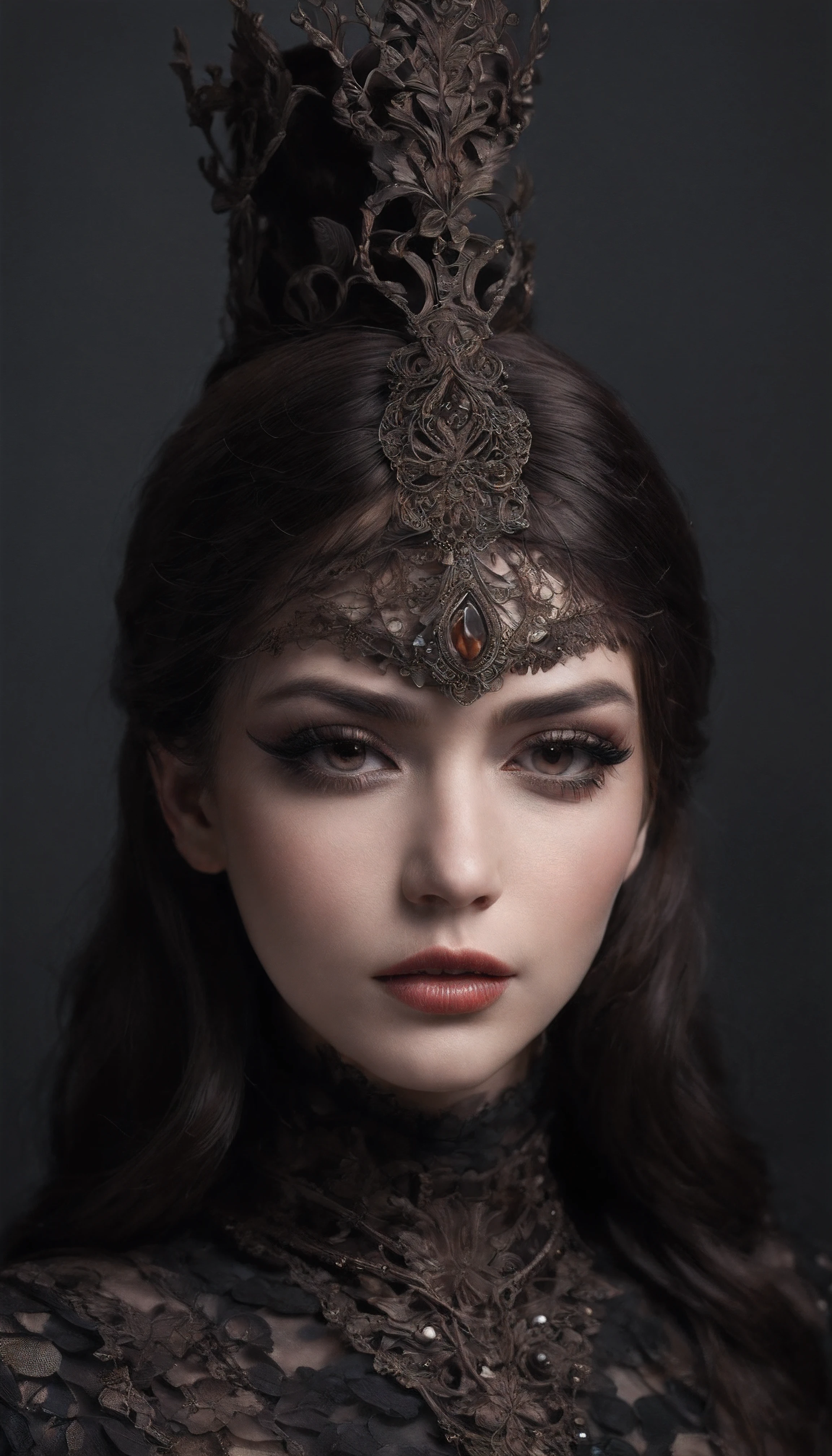 (melhor qualidade,Altas,ultra-detalhado),Dark and mysterious girl with brown eyes and symbolic Gothic clothes,arame farpado cobrindo seu corpo,Cabelo castanho longo escuro,fios cinzentos nas extremidades,Retratos,foco nítido,profissional,Bokeh,dramatic lighting,paleta de cores escura e mal-humorada