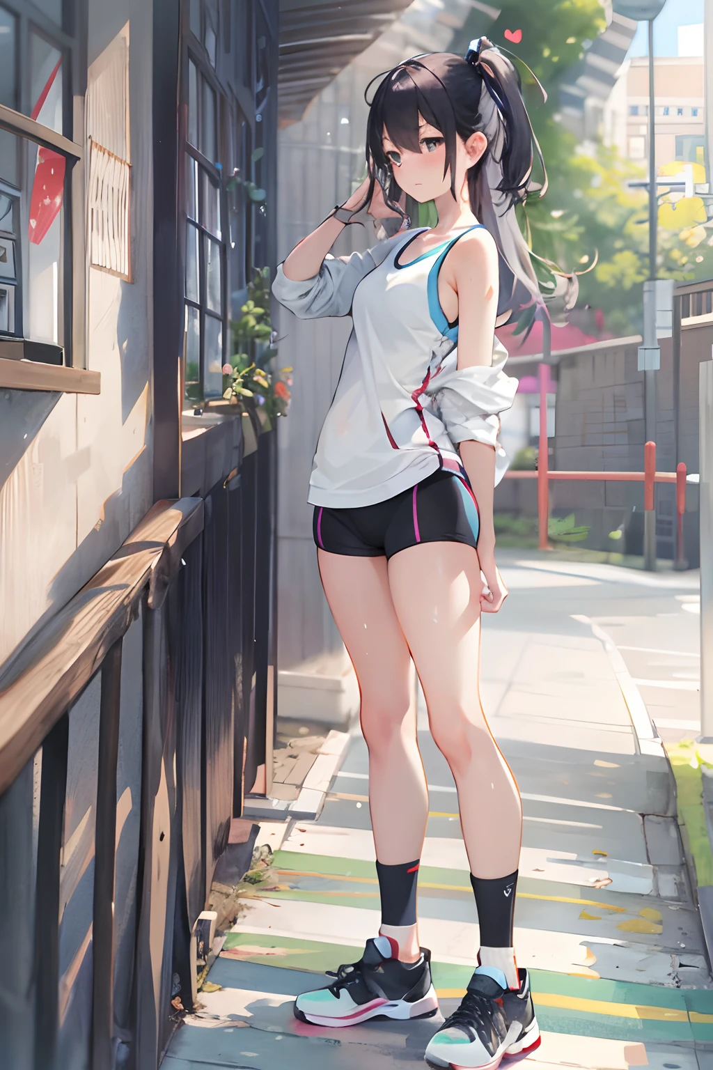 ,Single 1 girl，Shyness to look away，white short socks，with a good figure，Sport Tank Top，Black yoga pants， sweat leggs ，love heart
