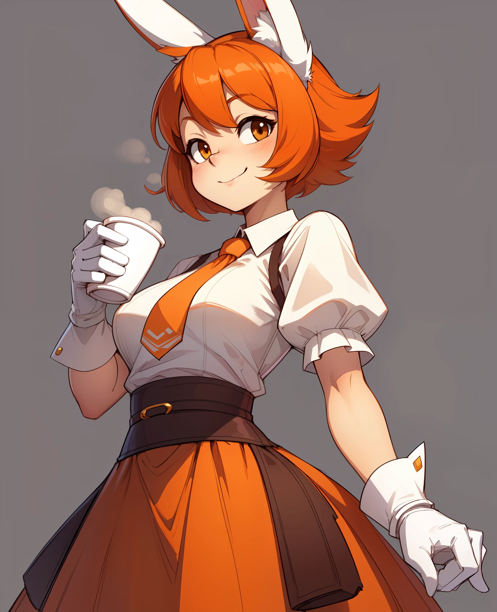 masterpiece, best quality, perfect hands, (uploaded on e621), (((by pakwan008 , by pixelsketcher, by jinu))), vanilla the rabbit, 1girl, solo, smile, short hair, , simple background, shirt, gloves, white background, dress, holding, closed mouth, standing, short sleeves, cowboy shot, necktie, puffy sleeves, white gloves, rabbit girl, cup, puffy short sleeves, makeup, ^ ^, happy, facing viewer, furry, body fur, white fur, straight-on, split mouth, brown fur, rabbit ears, animal nose, animal ears, furry female, sonic the hedgehog \(series\), orange hair