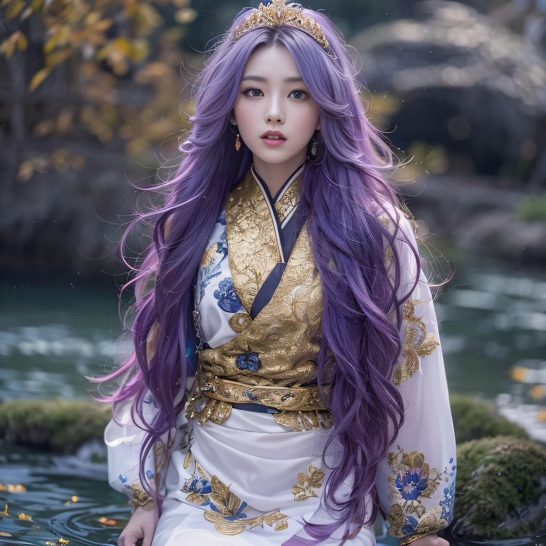 Genki Girl 32K（tmasterpiece，k hd，hyper HD，32K）Long flowing bright purple hair，Autumn Pond，zydink， a color， Asian people （Genki girl）， （Silk scarf）， Combat posture， looking at the ground， long whitr hair， Floating bright purple， Fire cloud pattern gold tiara， Chinese long-sleeved gold silk garment， （Abstract metaverse splash：1.2）， white backgrounid，Lotus vitality protector（realisticlying：1.4），Bright purple hair，Smoke on the road，The background is pure， A high resolution， the detail， RAW photogr， Sharp Re， Nikon D850 Film Stock Photo by Jefferies Lee 4 Kodak Portra 400 Camera F1.6 shots, Rich colors, ultra-realistic vivid textures, Dramatic lighting, Unreal Engine Art Station Trend, cinestir 800，A girl with long flowing bright purple hair