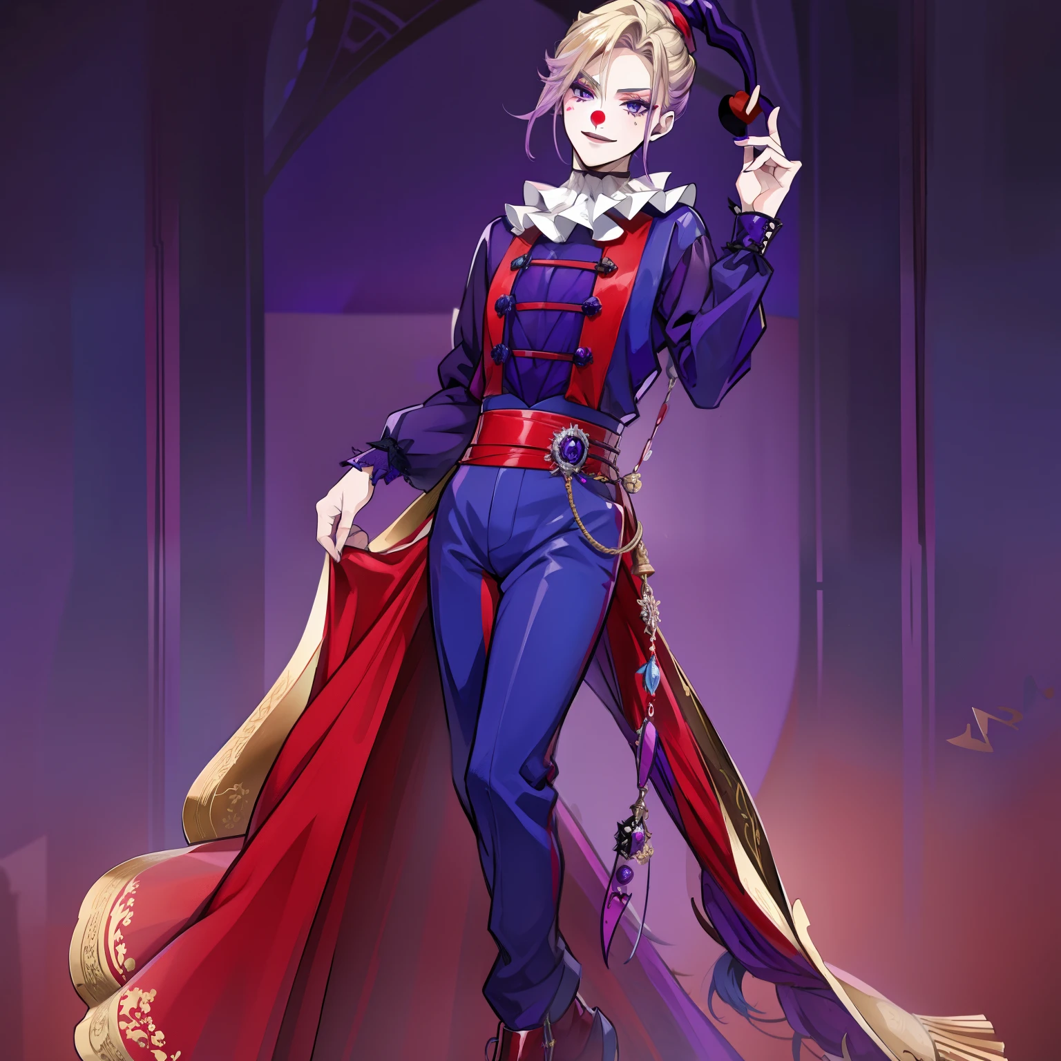 Vil Schoenheit as a clown, Full body, 1 boy, solo , high quality, masterpiece, high Aesthetic , Blonde hair with Violet hair streaks,(( Indigo and Red Clothes))