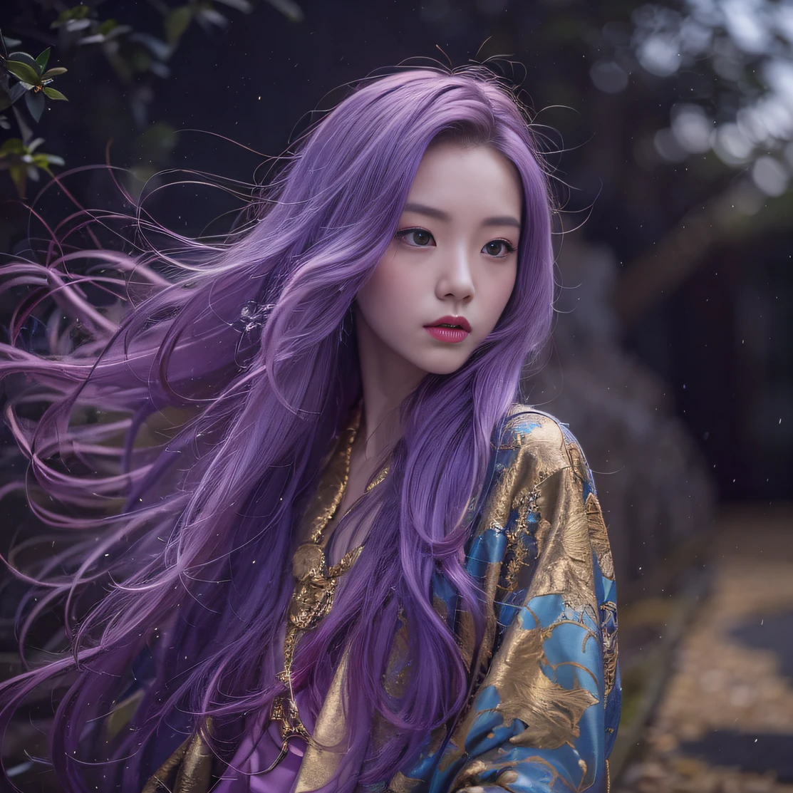 Genki Girl 32K(tmasterpiece,k hd,hyper HD,32K)Long flowing bright purple hair,Autumn Pond,zydink, a color, Asian people (Genki girl), (Silk scarf), Combat posture, looking at the ground, long whitr hair, Floating bright purple, Fire cloud pattern gold tiara, Chinese long-sleeved gold silk garment, (Abstract metaverse splash:1.2), white backgrounid,Lotus vitality protector(realisticlying:1.4),Bright purple hair,Smoke on the road,The background is pure, A high resolution, the detail, RAW photogr, Sharp Re, Nikon D850 Film Stock Photo by Jefferies Lee 4 Kodak Portra 400 Camera F1.6 shots, Rich colors, ultra-realistic vivid textures, Dramatic lighting, Unreal Engine Art Station Trend, cinestir 800,A girl with long flowing bright purple hair