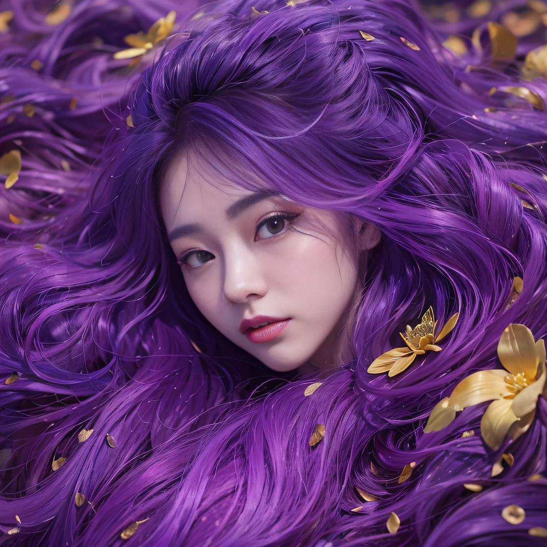 Genki Girl 32K（tmasterpiece，k hd，hyper HD，32K）Long flowing bright purple hair，Autumn Pond，zydink， a color， Asian people （Genki girl）， （Silk scarf）， Combat posture， looking at the ground， long whitr hair， Floating bright purple， Fire cloud pattern gold tiara， Chinese long-sleeved gold silk garment， （Abstract metaverse splash：1.2）， white backgrounid，Lotus vitality protector（realisticlying：1.4），Bright purple hair，Smoke on the road，The background is pure， A high resolution， the detail， RAW photogr， Sharp Re， Nikon D850 Film Stock Photo by Jefferies Lee 4 Kodak Portra 400 Camera F1.6 shots, Rich colors, ultra-realistic vivid textures, Dramatic lighting, Unreal Engine Art Station Trend, cinestir 800，A girl with long flowing bright purple hair