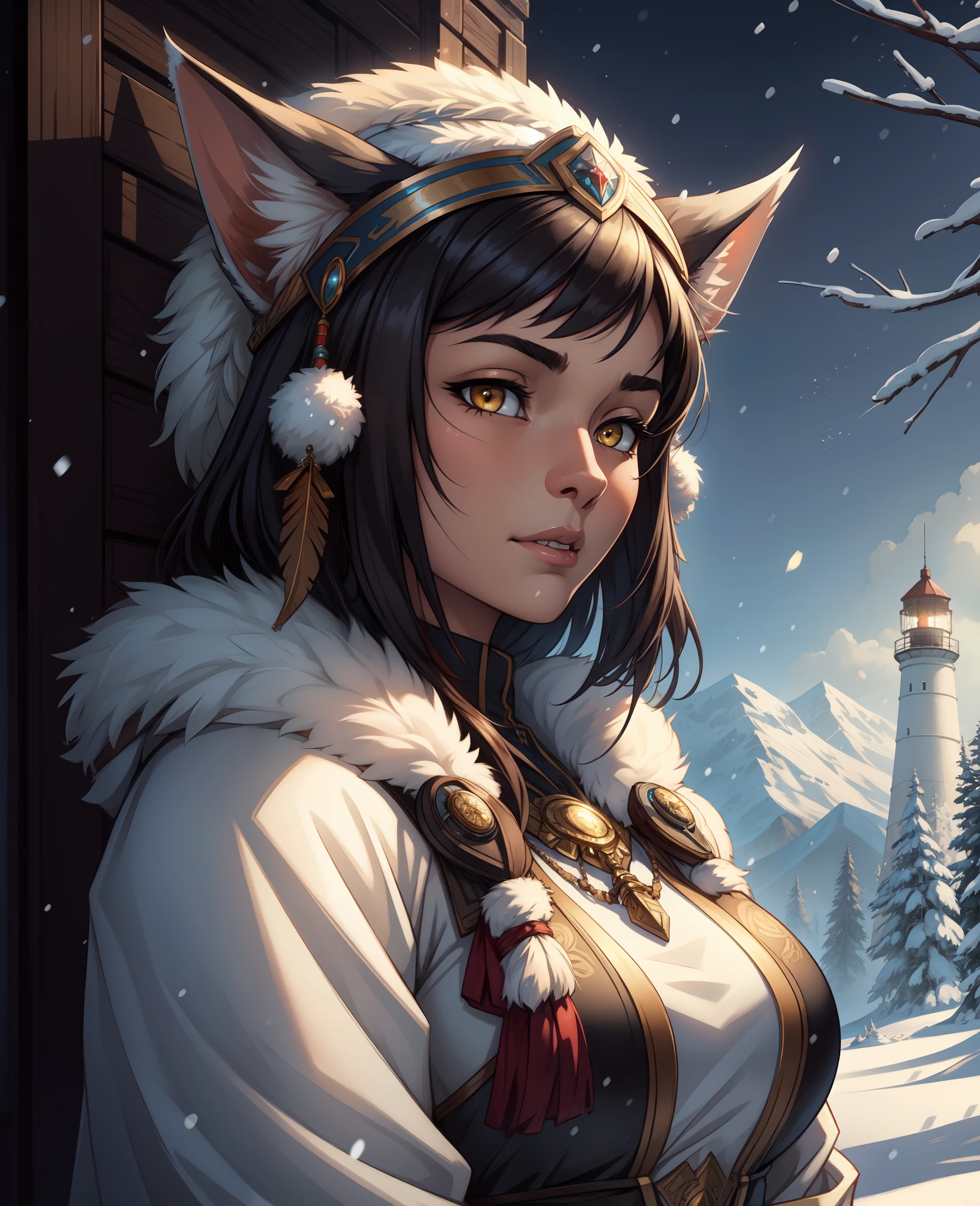 [best quality, shaded, extreme detail, highly detailed, ultradetailed, intricate, realistic],, detailed background, by Enki Bilal, by wolfy-nail, by Michael & Inessa Garmash, Ruan Jia, by drmax,, by kenket, by totesfleisch8, (by thebigslick, by silverfox5213:0.8), (by syuro:0.2) BREAK,, extreme quality, cg, detailed face+eyes, (bright colors), (anime), 1girl, impact, (winter), blizzard, time stop, sci fi, (tribal cat), (eskimo), animal ear fluff, fur trim, clouds, tan skin, (feather headdress), masterpiece, top tier, extravagant, 8k, unity wallpaper, unreal engine 5, ray tracing, 8k, cinematic, varied depth of field, octane render, elegant, tone mapping, hyper focus, parted lips, upperbody, (black), dappled sunlight, (snowing), nature, winter coat, upper body, (morning glow), lighthouse, gold eyes, horizon, picturesque scenery, mountain, forest, looking at viewer, (tundra)