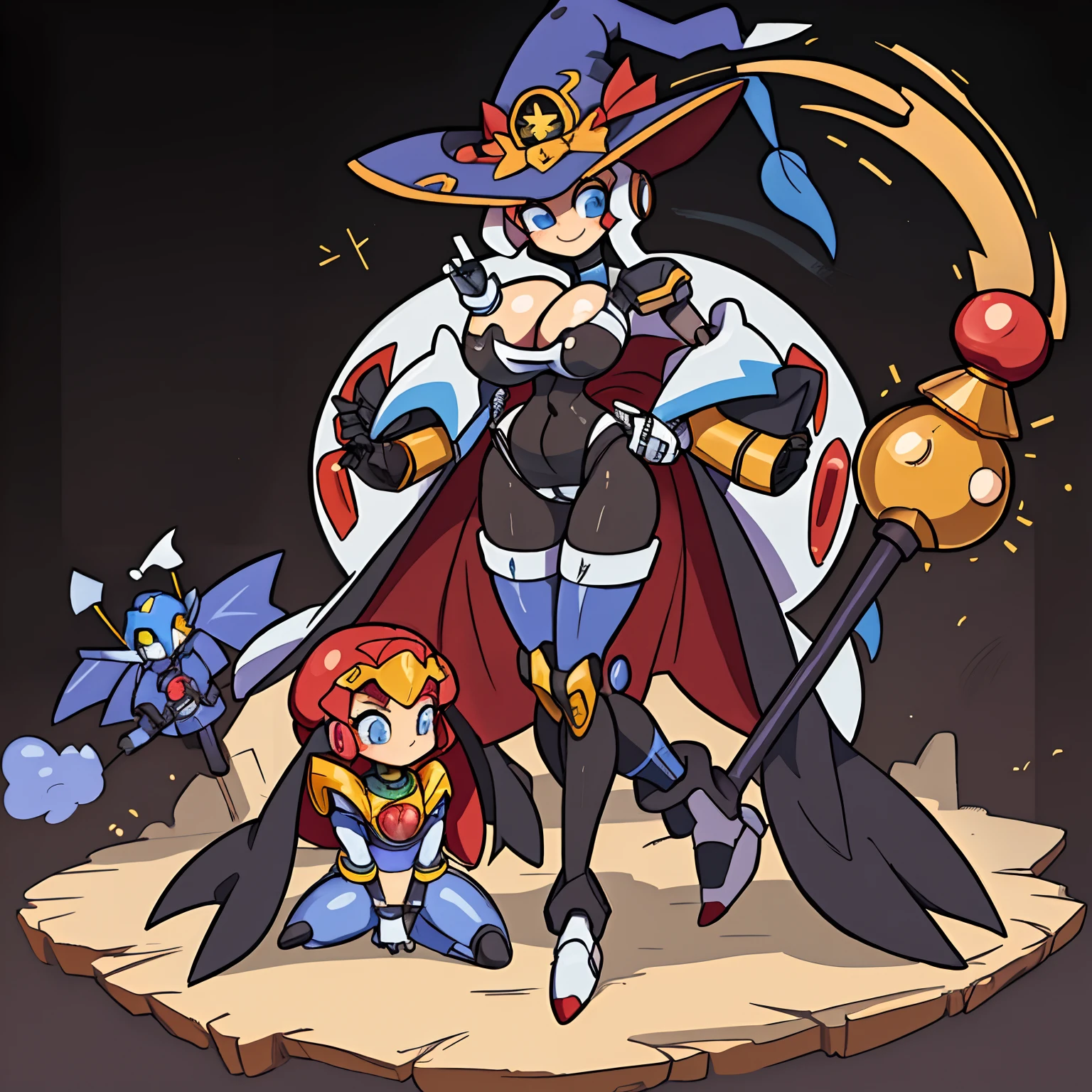 ((masterpiece)), full body, blank background, vectorized design, best quality, great design, full robot, toon, (Witchy Matriarch Mecha) With a tall, pointed hat and a cauldron-like chest, this mecha resembles a wise witch. It holds a staff with mystical symbols and emanates a calming aura. motherly figure, creative, amazing, Top Model Beautiful. mecha cyborg, sexy girl like robot, happy face. (Big Tits:1.5), cute cyber goddess, official art, video game fan art, 2D hero fan art, mega man, promotional art, Completely robotic! Classic girl, cool and sexy high quality picture, strange mecha girl ready for battle, exotic girl with robotic appearance, ((masterpiece)), best quality, anime scene, Anime style, cartoonish, These mecha figures exhibit robust and lively physiques, The female figure exhibits a softer, yet equally vibrant form,