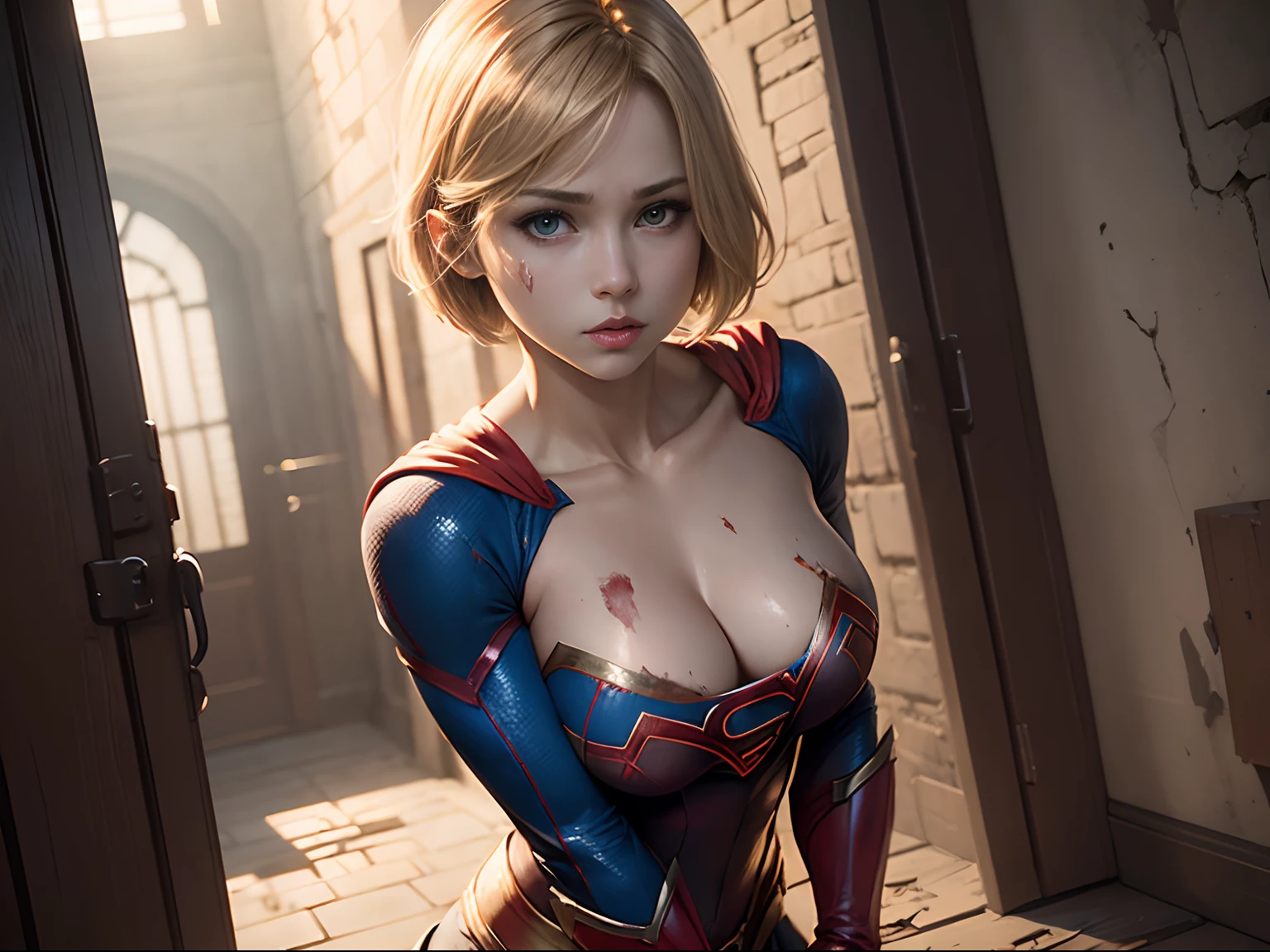 masterpiece、Short-haired Supergirl hanging with thorns、large full 、Looking at the camera、Glossy costume、Tattered costume、Injury、heavy injury、bandaged、Dungeon、slaves