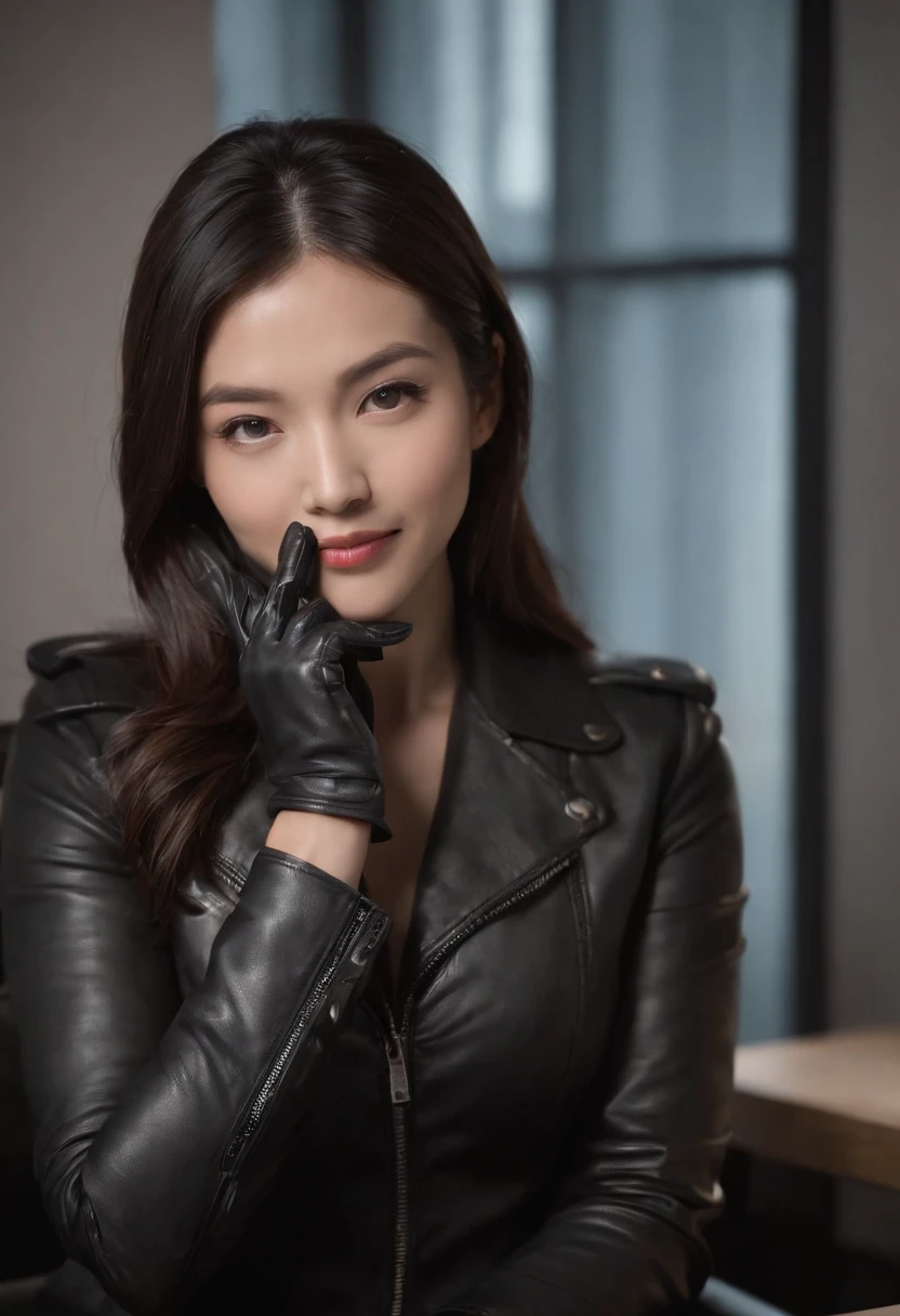 Wearing black leather gloves in both hands, upper body, black leather rider's jacket, facing the desk in the modern study in the dark, looking down, smiling, long, straight black hair, young Japanese woman (black leather gloves covering both hands) Sitting on a chair with the fingers of black leather gloves, working on the computer