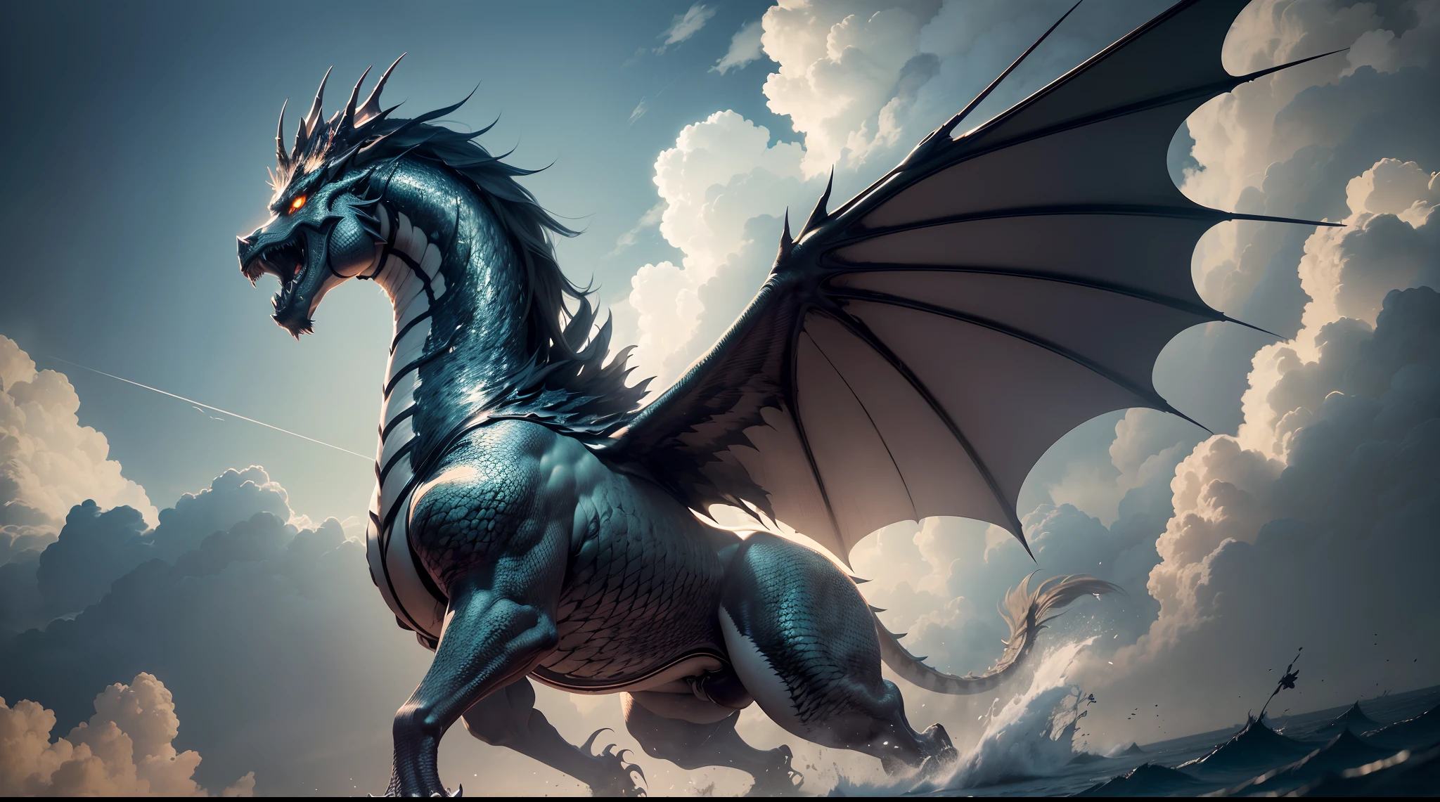 (The main subject: Wide-angle lens), (Best quality, A high resolution, Masterpiece:1.2), Ultra-detailed, (Realistic:1.37), (hdr), [（Silver Chinese dragon+majestic posture+flowing mane+sharp claws and fangs)+Dynamic and powerful wings）], (dramatic clouds), (skyscrapper),(Deep depth of field), (rich details​), (Contrast:1.1), (Captivating perspective), (Wide sky), (sense of vastness),(Energy and vitality), (Intricate details), (immersive experience), (Awe-inspiring),