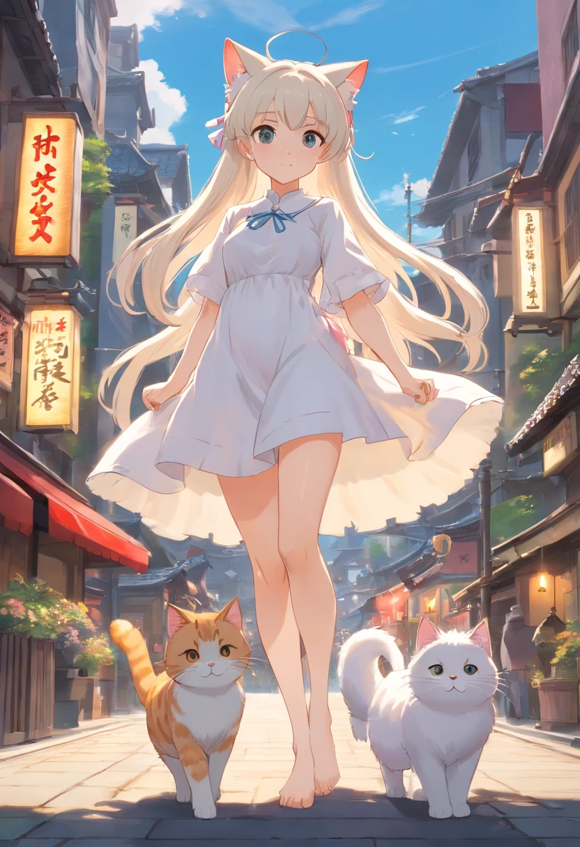 Stand barefoot，Masterpiece，long whitr hair，Extremely tall girls，A giantess，In the city，Full limbs，The face is delicate，White double ponytail，White eyes，White Lolita，Long-range shots，white stockings，There are cat ears on the head, white dresses， cute big breasts，Chopstick legs，Slender calves，Slender calves，High volume