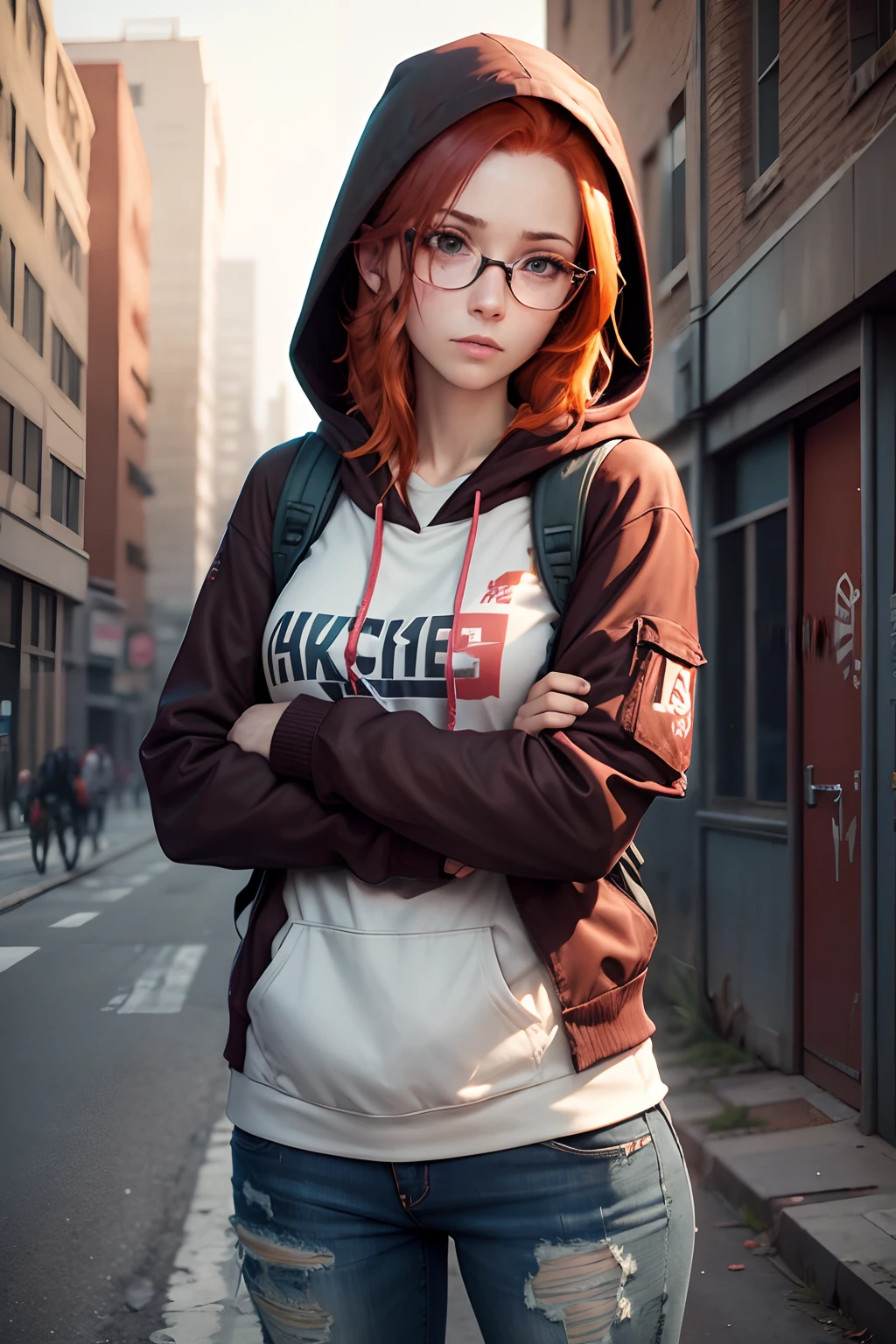 worn down clothing, minor scratches on face, hot red hair female nerd, abandoned city background, best quality, hopeful facial expression, arms crossed, head looking straight, hooded, glasses, wearing a backpack, facing forward