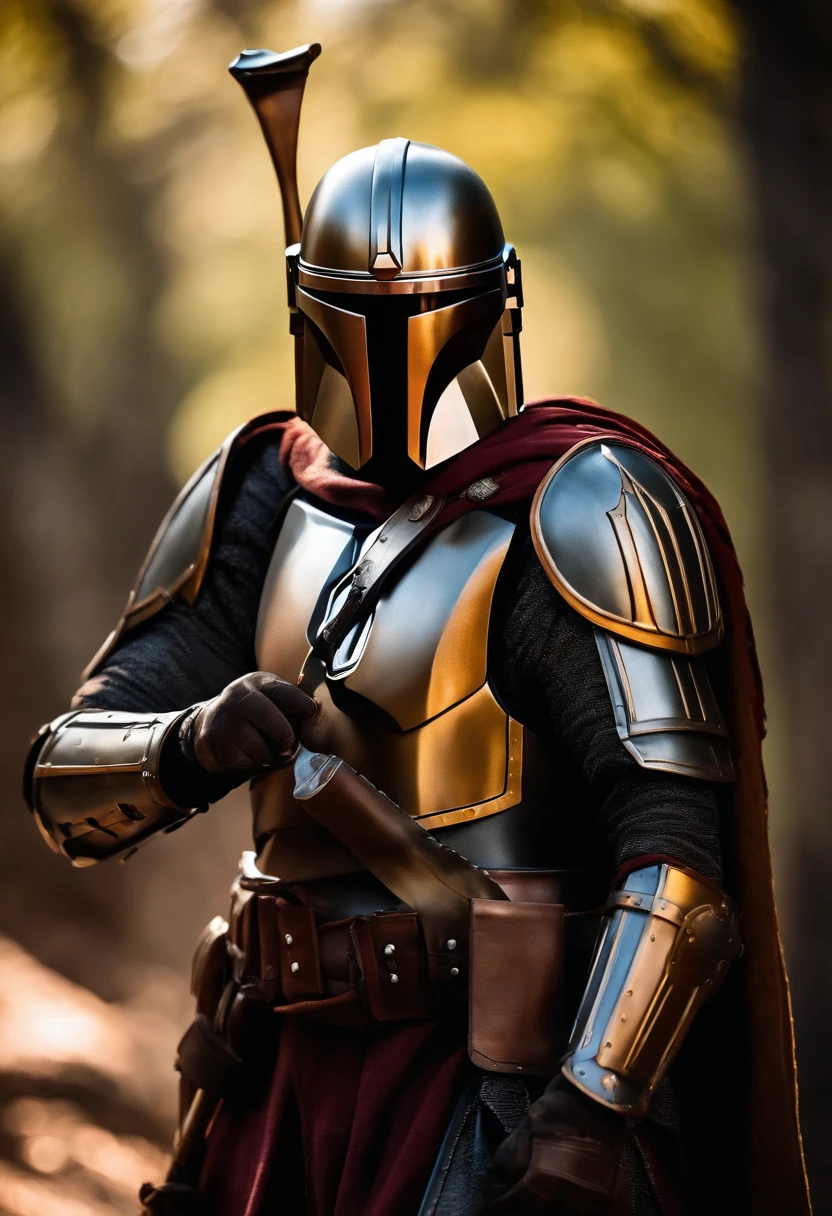(best quality,4k,8k,highres,masterpiece:1.2),ultra-detailed,(realistic,photorealistic,photo-realistic:1.37),medieval,mandalorian armor,shiny armor,itwo swords,brilliant swords,warrior,beautifully detailed face,sharp facial features,expressive eyes,determined expression,masculine,heroic stance,dramatic lighting,adventurous background,fantasy landscape,moody atmosphere,vivid colors,medieval-inspired,metallic textures,epic battle,historical warrior,traditional combat,courageous knight,valor,triumphant moment,engaging perspective,ancient relics,stoic presence,ancient ruins,mystical aura,powerful aura,swordplay,skilled warrior,armor engravings,intense combat,majestic pose,ornate details,marksmanship,authentic costume design,imposing figure,legendary fighter,honor and valor,lustrous sheen,foreboding atmosphere,timeless hero,unyielding spirit.
