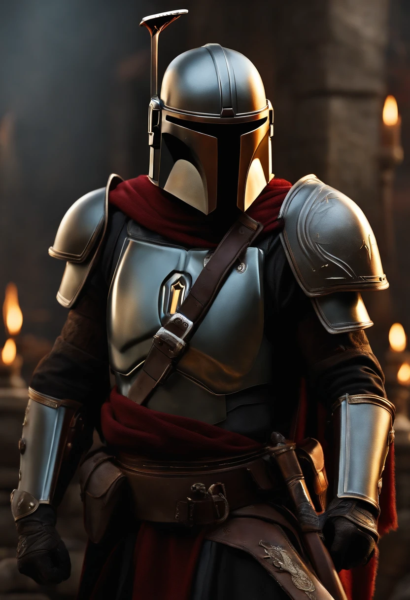 (best quality,4k,8k,highres,masterpiece:1.2),ultra-detailed,(realistic,photorealistic,photo-realistic:1.37),medieval,mandalorian armor,shiny armor,itwo swords,brilliant swords,warrior,beautifully detailed face,sharp facial features,expressive eyes,determined expression,masculine,heroic stance,dramatic lighting,adventurous background,fantasy landscape,moody atmosphere,vivid colors,medieval-inspired,metallic textures,epic battle,historical warrior,traditional combat,courageous knight,valor,triumphant moment,engaging perspective,ancient relics,stoic presence,ancient ruins,mystical aura,powerful aura,swordplay,skilled warrior,armor engravings,intense combat,majestic pose,ornate details,marksmanship,authentic costume design,imposing figure,legendary fighter,honor and valor,lustrous sheen,foreboding atmosphere,timeless hero,unyielding spirit.