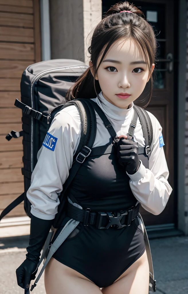 Highest image quality, outstanding details, ultra-high resolution, (realism: 1.4), ((close up:0.75, from front)), Photorealistic, highly condensed 1 lady, full body, aiming with an assault rifle, Combat pose, (Detailed face, trouble:1), looking to the camera, (chubby:0.35), (cloths color black:0.4 white:0.5 other-color:0.1), (wearing rash-guard likes police uniform, gloves, military harness, carrying hich-tech-backpack), background grey, Fingers are occluded