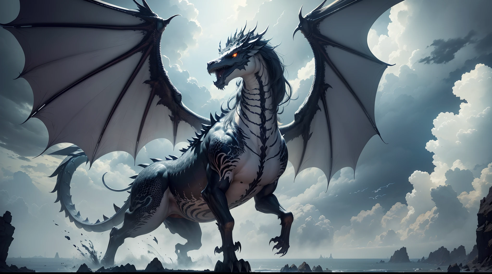 (The main subject: Wide-angle lens), (Best quality, A high resolution, Masterpiece:1.2), Ultra-detailed, (Realistic:1.37), (hdr), [（Silver Chinese dragon+majestic posture+flowing mane+sharp claws and fangs)+Dynamic and powerful wings）], (dramatic clouds), (skyscrapper),(Deep depth of field), (rich details​), (Contrast:1.1), (Captivating perspective), (Wide sky), (sense of vastness),(Energy and vitality), (Intricate details), (immersive experience), (Awe-inspiring),