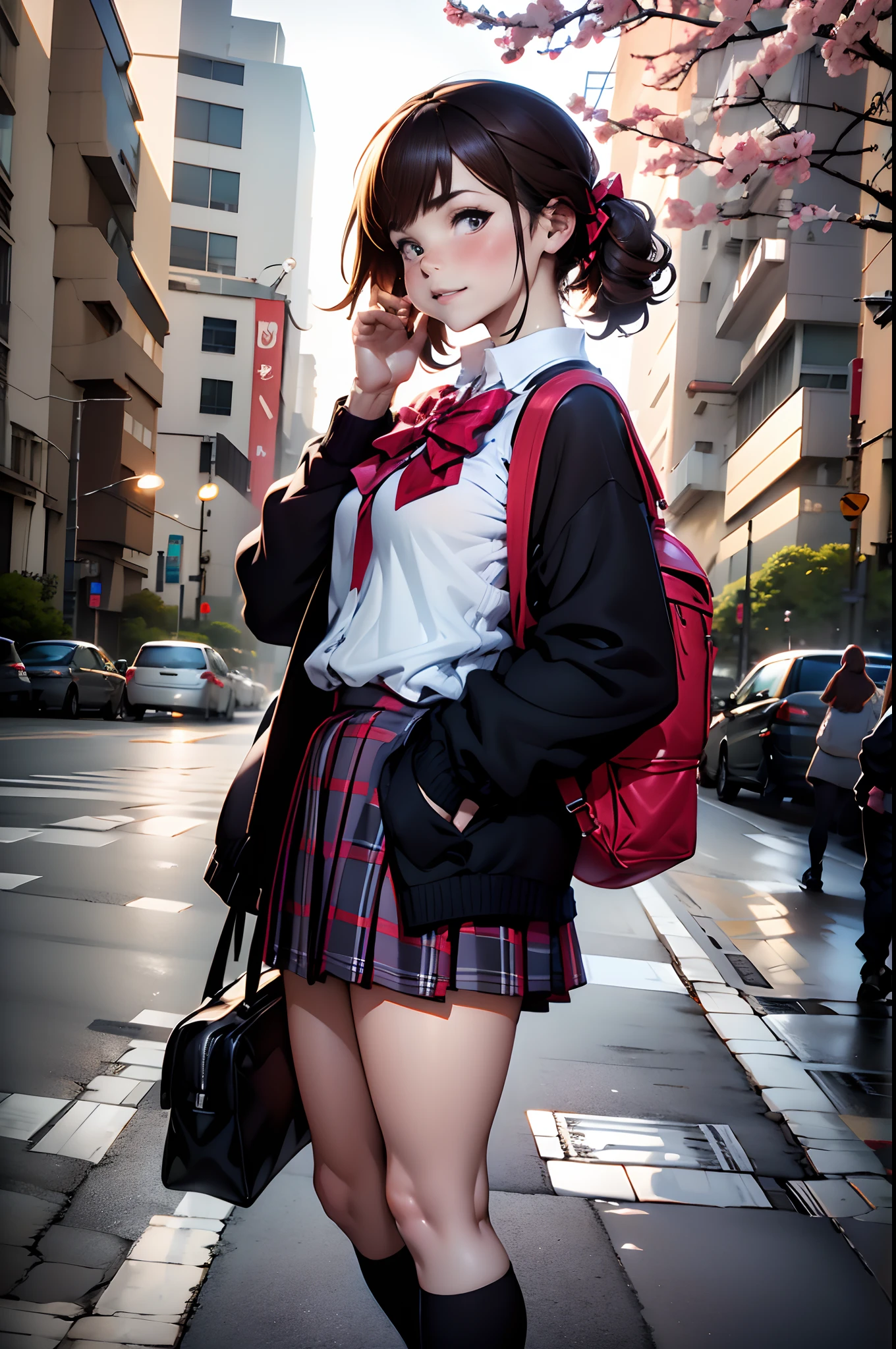top-quality,masutepiece,Anime style,parfect anatomy,独奏,skirt by the, bags, plein air, jaket, Standing, sockes, shoe, looking at the viewers, Brown Footwear, 校服, Plaid, lowfers, blazers, brown haired, plaid skirts, Black socks, long-sleeve, bangss, Open your clothes, Open jacket, the bow, Brown-eyed, pleatedskirt, a bow tie, tag, length hair, full body Esbian, bush, Red bow, Knee height, The shirt, Mouth closed, sleeves past wrists, rucksack, hand on own face, red bowtie, Black jacket, a school bag, red blush, a plant, Brown skirt, Put your hand on your cheek, bblurry, From Side, raise two hands, look at side, shirt with collar, a miniskirt, white shirt, Cardigan, Grassy, Sweaters, lightsmile,longshot, (low angles), (top down), Realistic scale,Significant shrinkage:1.5、photos realistic、Super Detail, Realistic, Super realistic, lifelike rendering,plein air,Sakura Blooming Street,Professional Photographer