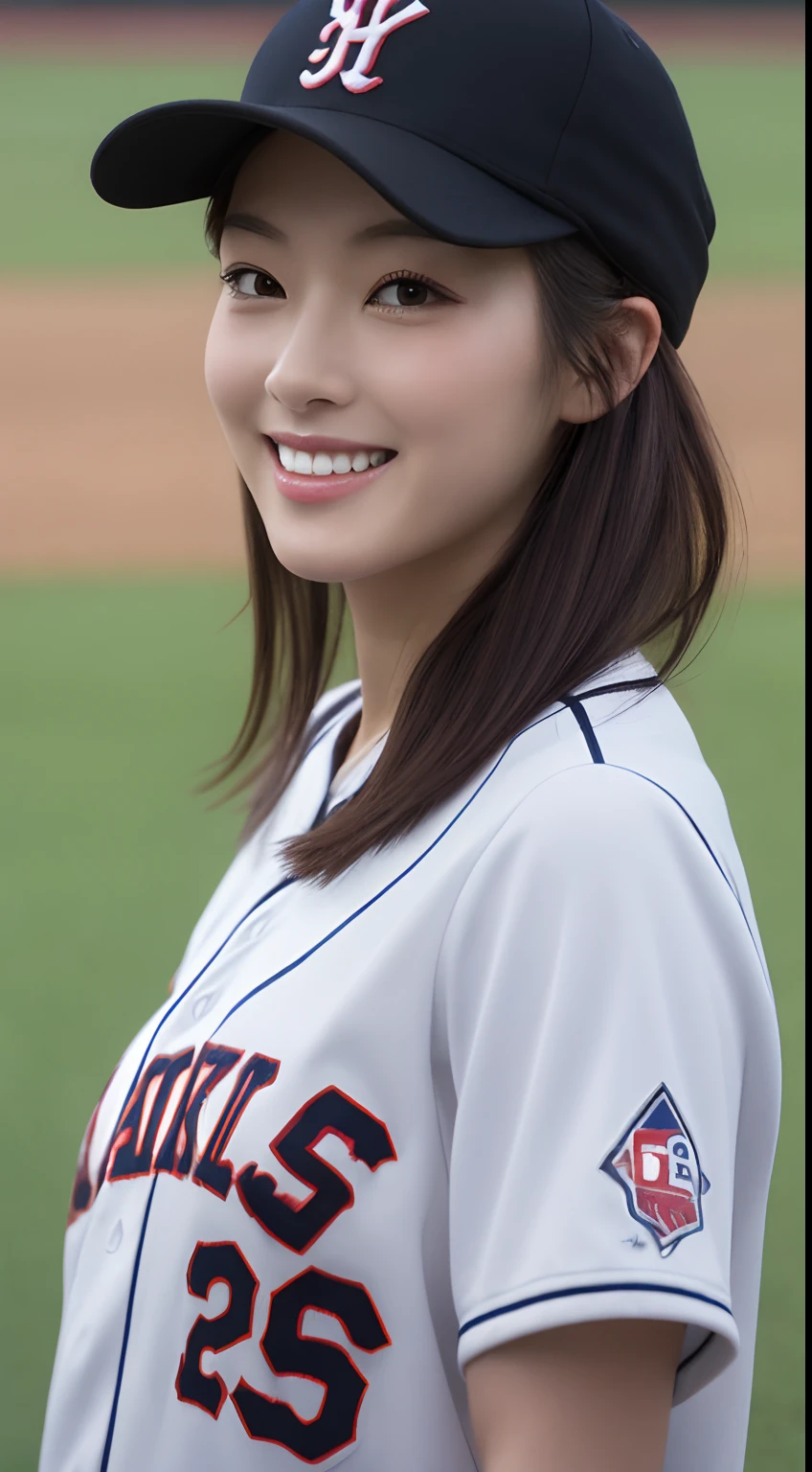 (of the highest quality, 8K, masutepiece: 1.3), Beauty of Perfect Figure: 1.4, dark brown hair, wearing a baseball cap, At the baseball field, Very delicate face and skin, Delicate eyes, Big, Smile