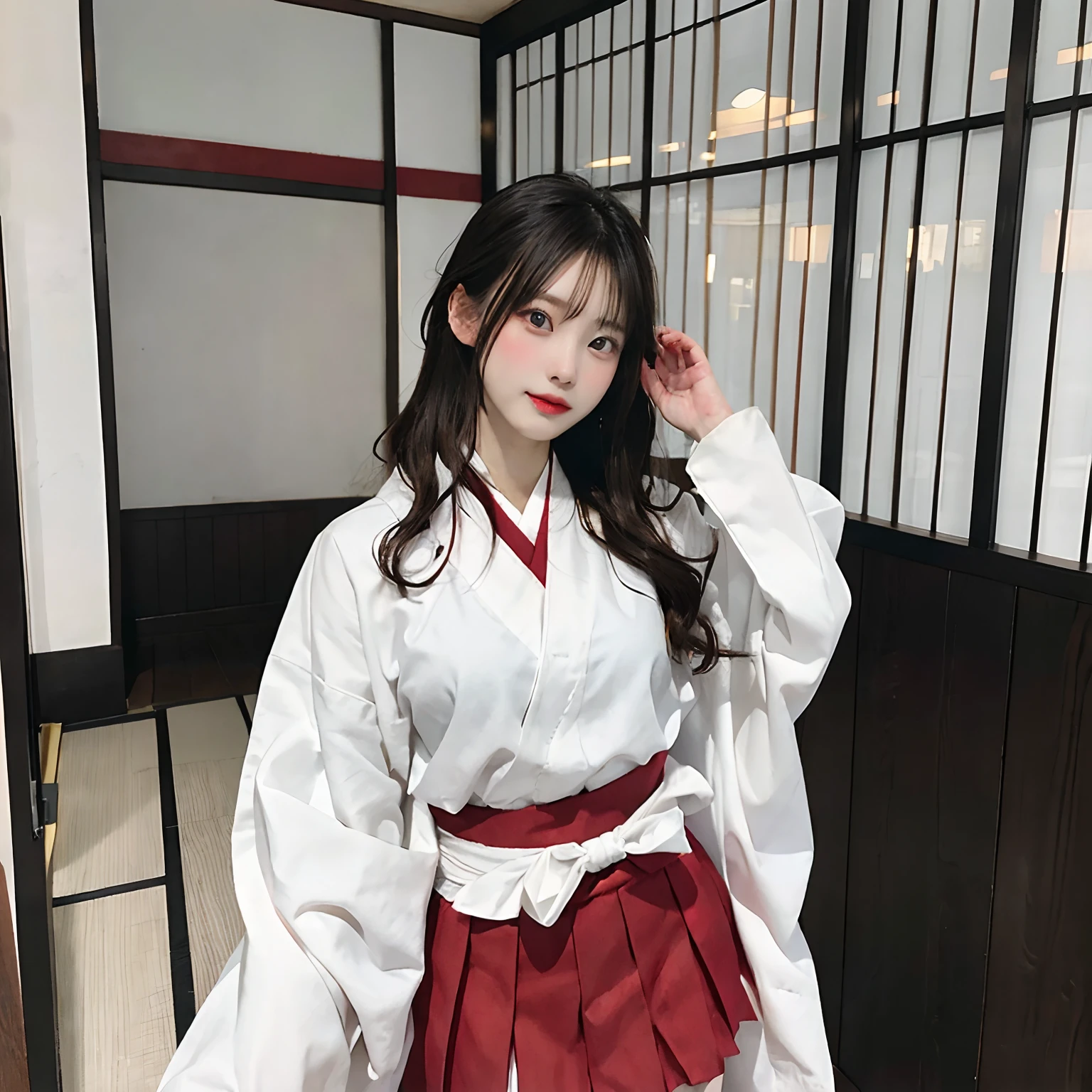 Woman in red skirt and white shirt is taking pictures, Komono, japanese girl school uniform, white hanfu, hakama kimono, Japan school uniform, wearing japanese school uniform, A Japanese style, Red kimono, Japanese style, traditional japanese, Wearing Hakama, japanese kimono,The background is indoors,The background is indoor，No bra，Legs with open legs