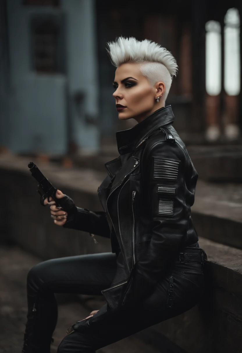 Woman 21 yo with leather jacket, leather pants, black shirt, white hair shaved on sides, spiky mohawk on top, sniper rifle over shoulder, standing, smoking a cigarette. She has a nose ring. Military laced boots.