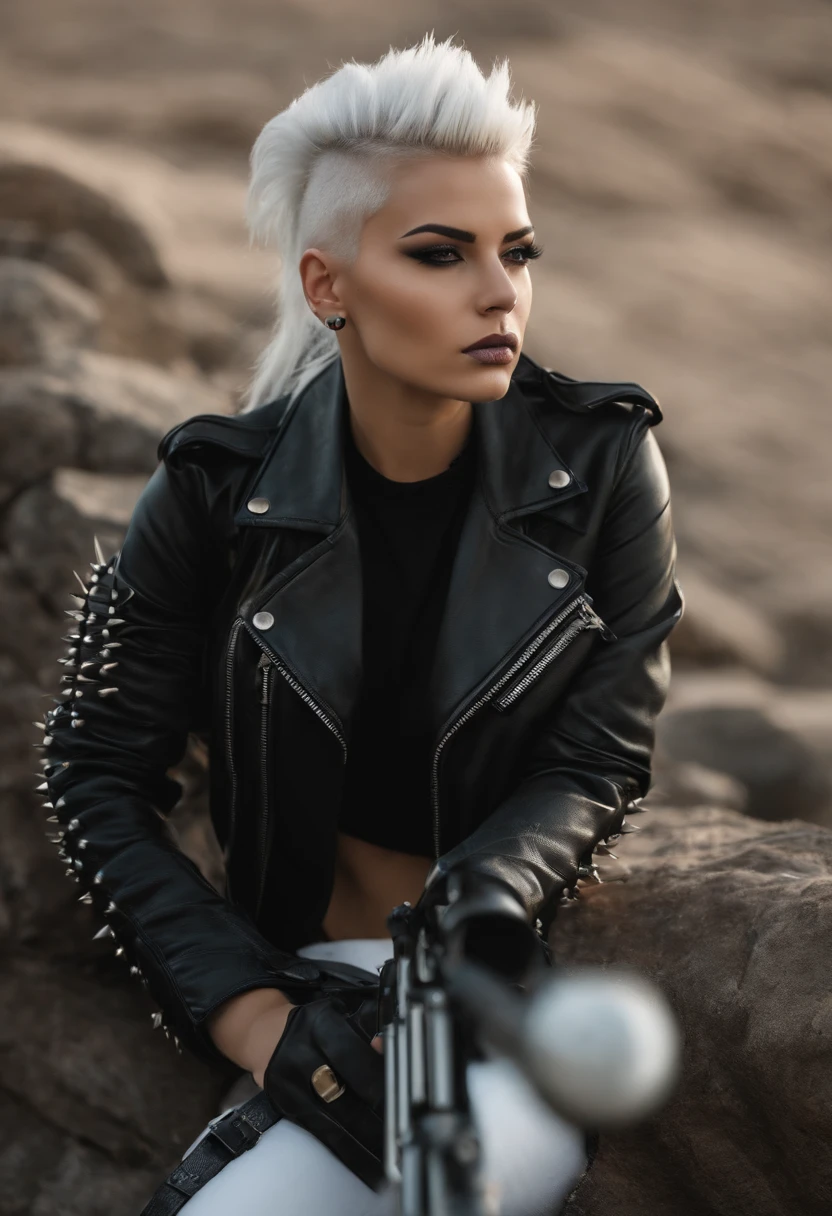 Woman 21 yo with leather jacket, leather pants, black shirt, white hair shaved on sides, spiky mohawk on top, sniper rifle over shoulder, standing, smoking a cigarette. She has a nose ring. Military laced boots.