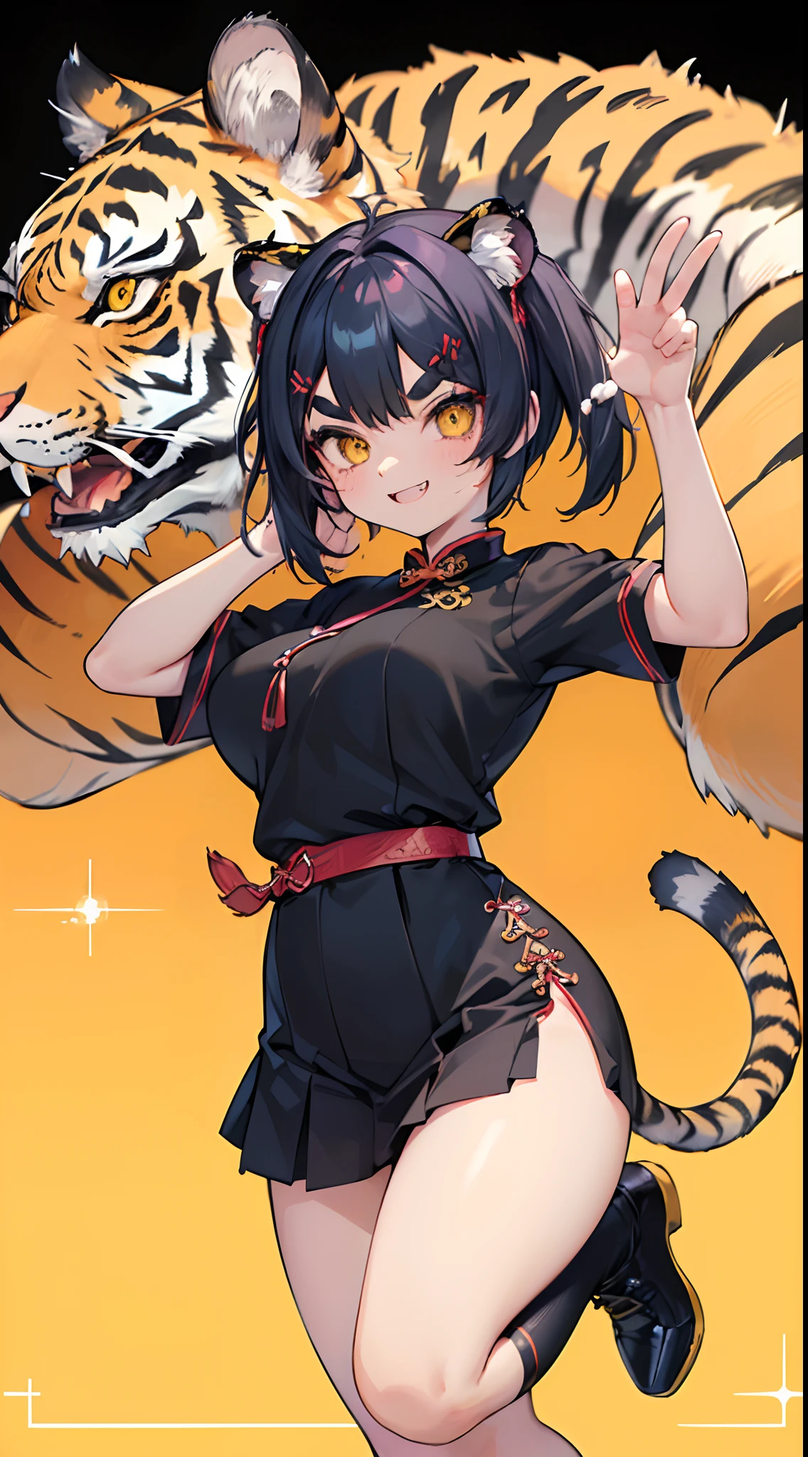 (Splash Art), (masutepiece ,Best Quality:1.2), Perfect Anatomy, 1girl in, Detailed face, Smile strongly, Open mouth, Fangs Out, Lovely Big Breasts, Blush Eyeshadow, Blue hair, ((Medium short hair)), ((hair messy)), (Short hair), (((Unkempt hair))), ((Big size short twin tails)), ((High twin tails)), ((oblique bangs)), Yellow eyes, slanted eye, ((Thick eyebrows)), tusk, (((Spiteful smile, Smirk, tusk))), ((Black cheongsam shirt)), Black Pleated Short Skirt, spike choker, Spike Leg Ring, Black shoes, Yellow belt, Highly detailed fine art, (finely detailed beautiful eyes and detailed face), delicate portrayal of facial features, Detailed Metal Jewelry, Colorful, Long length, Precision Line, Large-scale muralists, manticore, (((a tiger))), (((Real tiger))), hug tiger, Gold-sprinkled background, Chinese background