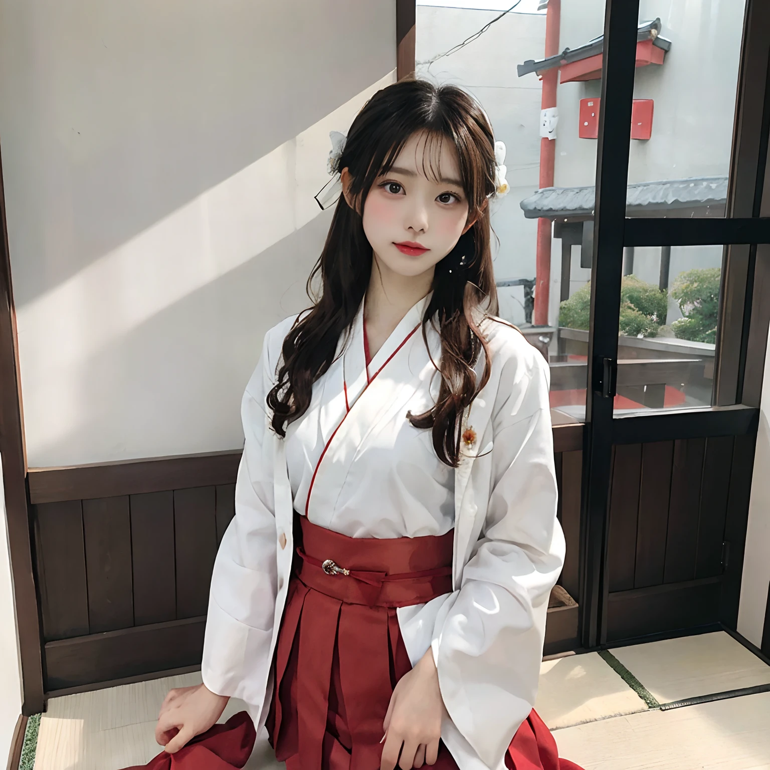 Woman in red skirt and white shirt is taking pictures, Komono, japanese girl school uniform, white hanfu, hakama kimono, Japan school uniform, wearing japanese school uniform, A Japanese style, Red kimono, Japanese style, traditional japanese, Wearing Hakama, japanese kimono,The background is indoors,The background is indoor,No bra,Legs with open legs