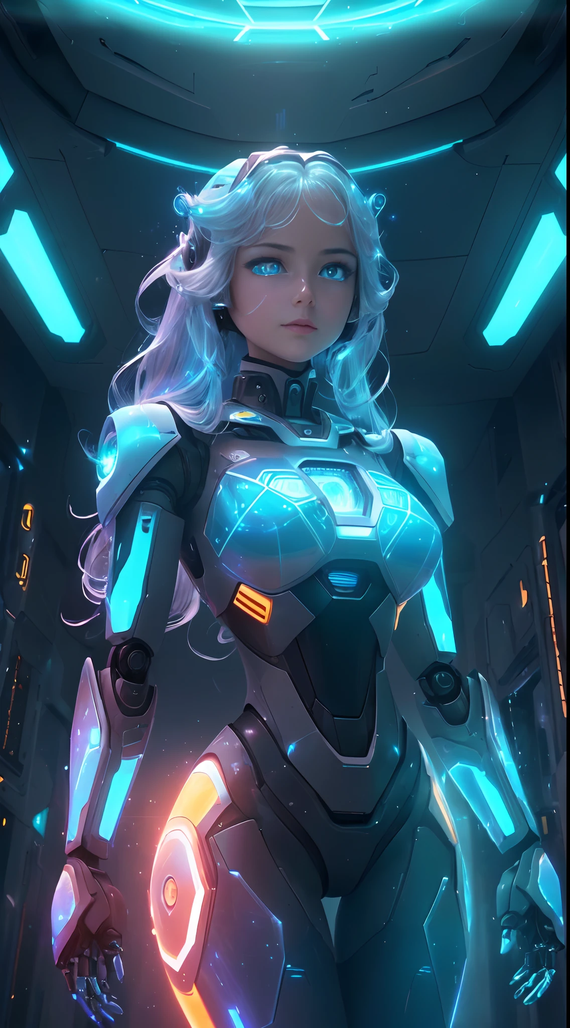 motor irreal:1.4,UHD,La mejor calidad:1.4, fotorrealista:1.4, textura de la piel:1.4, obra maestra:1.8,((Beautiful robot woman Vividly colored digital image of a symmetrical young and ethereally beautiful face with icy blue long hair and eyes reflecting the galaxy., With an elegant futuristic dress that shines with holographic light reflections, De pie frente a un elegante, Glowing portal emitting fog and glowing particles,( It's inside a high-tech lab full of screens and shiny equipment.), Rendered in a stunning sci-fi anime art style with cinematic lighting, intricate linework, and a beautiful structure of atmospheric glow effects )),(robot:1.4),Luz de fondo naranja:1.4,