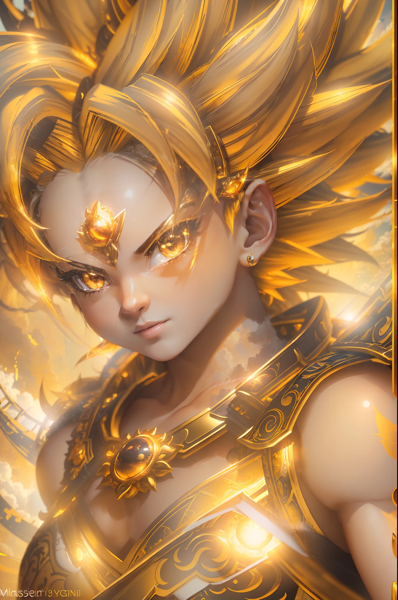 ((Masterpiece)), ((best quality)), ((super detailed)), (highly detailed CG illustration), stunning black and gold background, sky white cloud background, a cosplay super Saiyan Sun Goku girl standing on a yellow cloud, the cloud is too fast to pull out a long line,glowing bright yellow eyes，Clear facial features，Vivid expressions，GoPro，