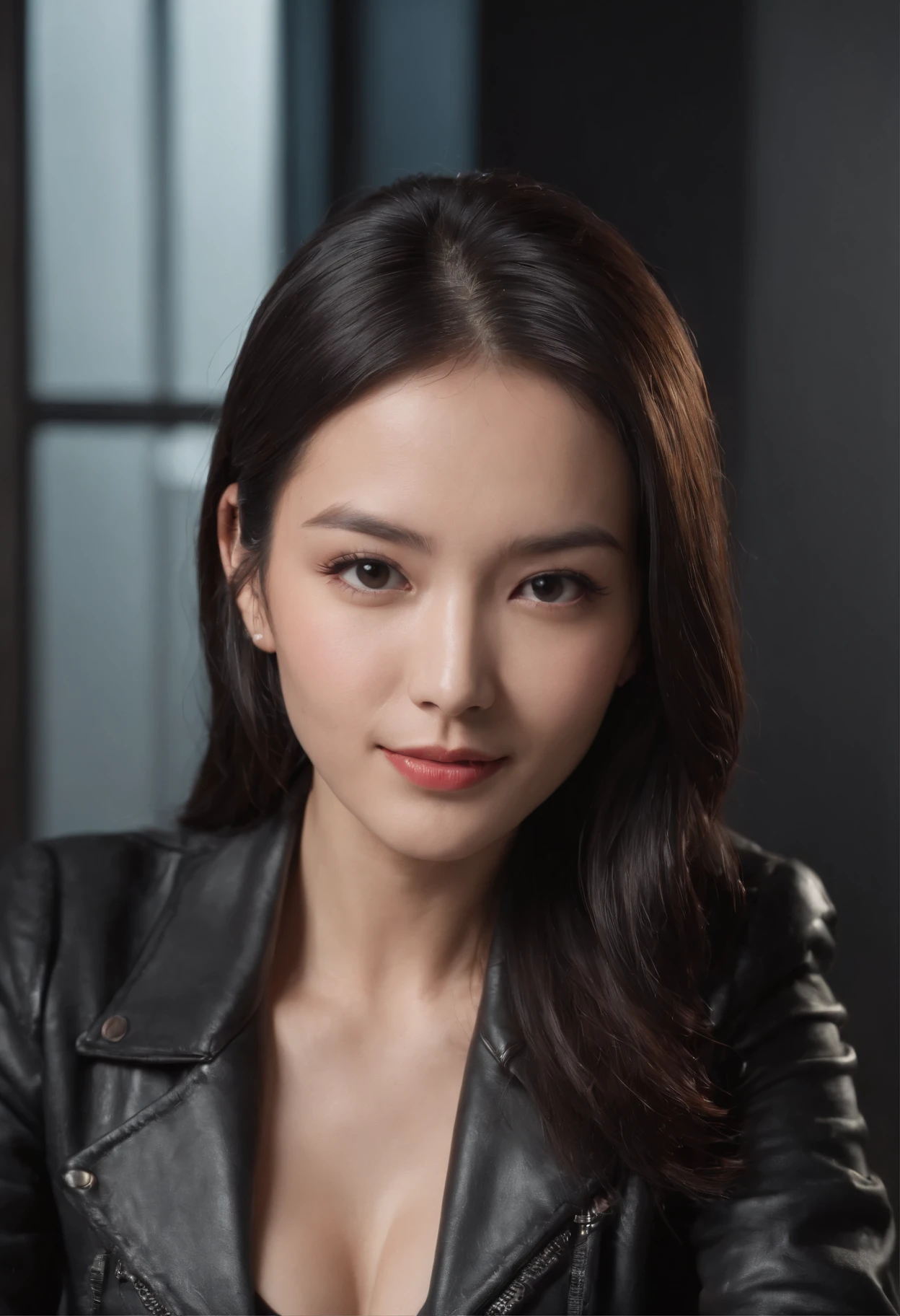 Wearing black leather gloves in both hands, upper body, black leather rider's jacket, facing the desk in the modern study in the dark, looking down, smiling, long, straight black hair, young Japanese woman (black leather gloves covering both hands) Sitting on a chair with the fingers of black leather gloves, working on the computer