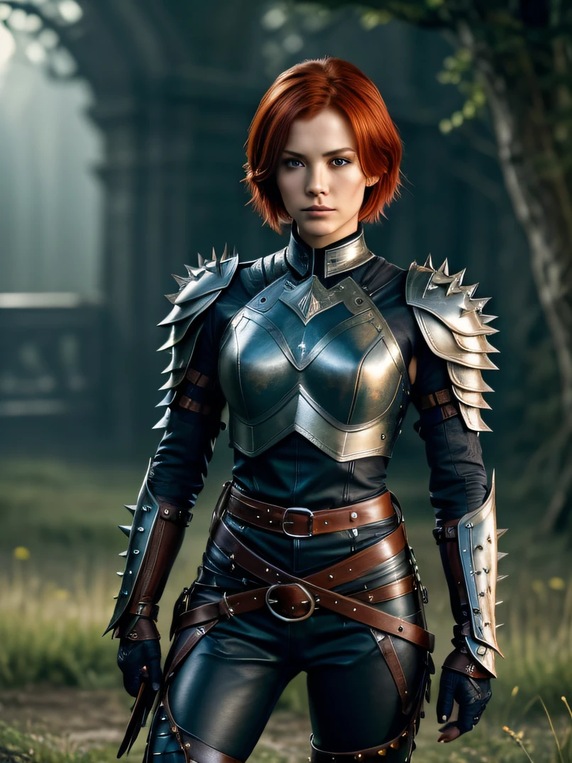 （​masterpiece、top-quality、raw、analog style）、foco nítido、Stunning portrait of a beautiful woman、Short red hair、((highlydetailed skin、Skin Details))、Brown Leather Studed Leather Armor（Lots of spikes）、Wearing long black leather pants with belt、Warrior armor、Meadow at dusk、Illumination from upper left、Sharp eyes、ighly detailed、Cluttered and detailed background、battle posture、Dynamic action、Look at viewers