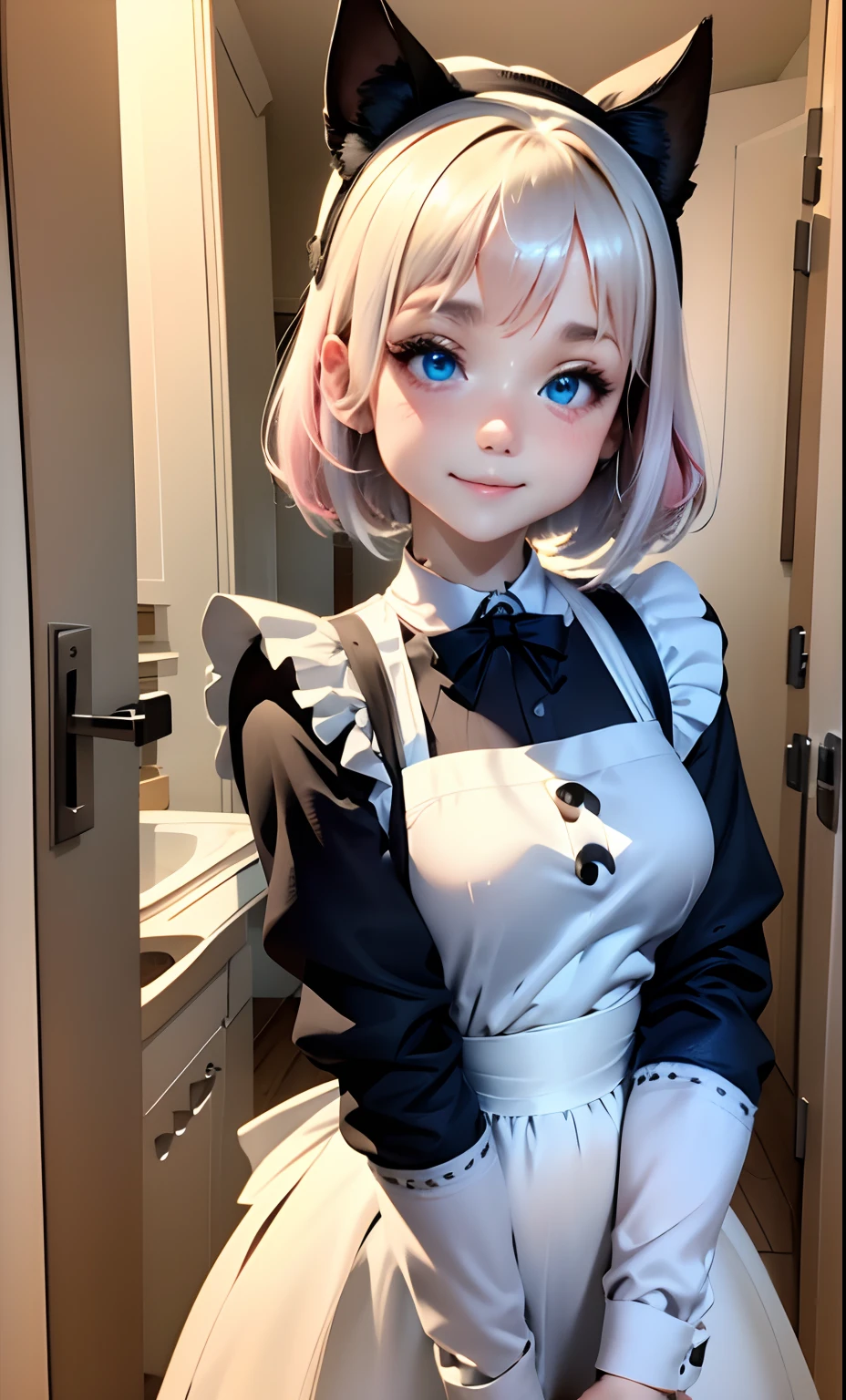 (masterpiece:1.2, best quality), HDR, intricate detail, 1girl, 23 Year Old,
blonde hair, apron, animal ears,smile, own hands together, door, dress, white apron, indoors, long sleeves, blue eyes, looking at viewer, furry, pink dress, short hair, maid, maid apron, dog ears, window, bangs, standing, closed mouth,