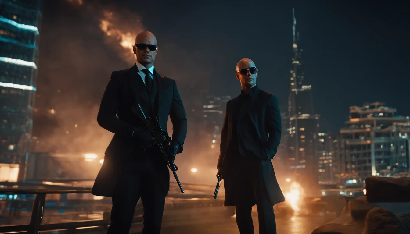 Stealth, Dusk, a dangerous mercenary in a black suit and bald sunglasses who aims to bring justice to the world, a city with enemies and snipers from Free Fire, 16k, noir