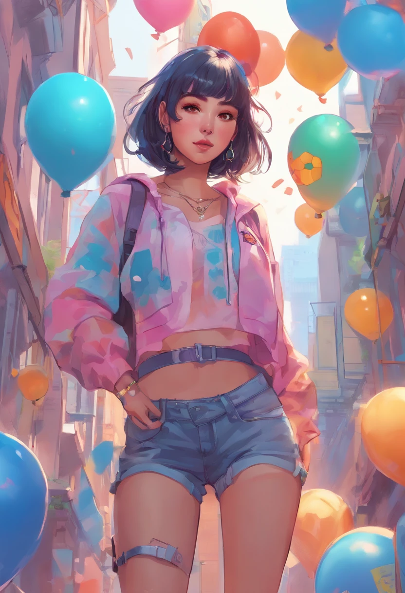 extremely high quality,A obra-prima perfeita,Perfect artwork,8k,  1girl, sitting on a ledge, com corte rasgado t - camisa, she is wearing streetwear, Jisoo do Blackpink, roupas casuais, Pose casual, kawaii shirt and jeans, roupas cor-de-rosa, Ulzzang, vibrant aesthetic, full body cute young lady, peito pequeno, usando um top cropped, usando crop top, pastel-hued, illusion,Cyberpunk,fashion trend,Material 3s,high-definition,detail representation,c4d,..3d,octane rendering,ray tracing,detalhes complexos,Animated lighting,OCrenderer,8k, birthday party, Globos, um retrato de personagem inspirado em Ross Tran, art-station, arte digital, photorealistic anime girl rendering, Arte no estilo de Guweiz, 3 d anime realista, Estilo anime ..3d realista, arte cg anime suave, Ross Tran 8 K