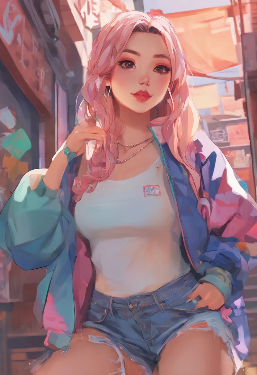 extremely high quality,A obra-prima perfeita,Perfect artwork,8k, 1girl, sitting on a ledge, com corte rasgado t - camisa, she is wearing streetwear, Jisoo do Blackpink, roupas casuais, Pose casual, kawaii shirt and jeans, roupas cor-de-rosa, Ulzzang, vibrant aesthetic, full body cute young lady, peito pequeno, usando um top cropped, usando crop top, pastel-hued, illusion,Cyberpunk,fashion trend,Material 3s,high-definition,detail representation,c4d,..3d,octane rendering,ray tracing,detalhes complexos,Animated lighting,OCrenderer,8k, birthday party, Globos, um retrato de personagem inspirado em Ross Tran, art-station, arte digital, photorealistic anime girl rendering, Arte no estilo de Guweiz, 3 d anime realista, Estilo anime ..3d realista, arte cg anime suave, Ross Tran 8 K