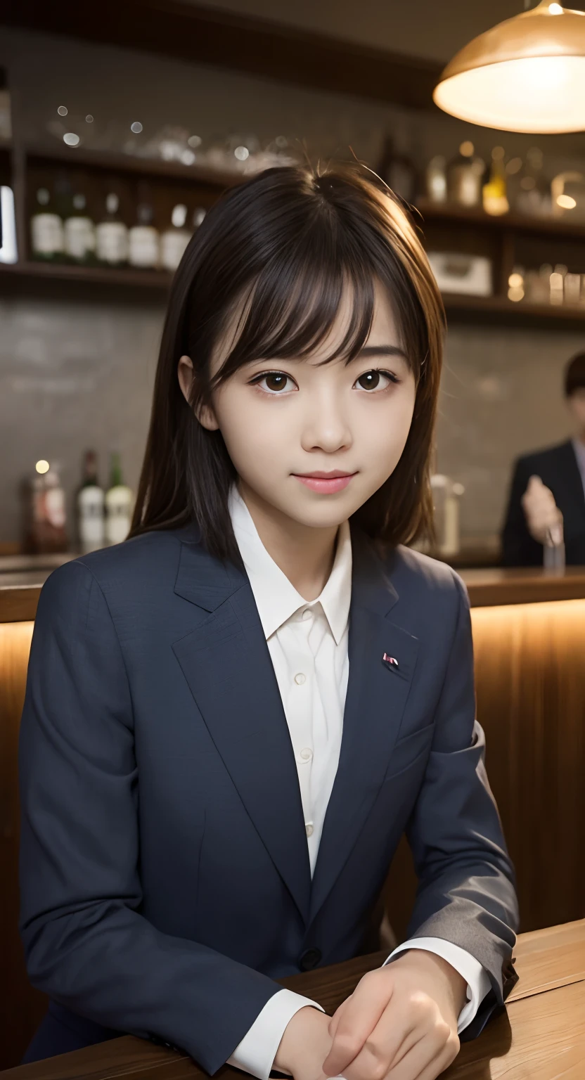 (top-quality、masterpiece:1.2)、Best Quality、realisitic、photoshot、hight resolution、1080p、8K、Textured skin、Physical Rendering、1 Japan Girls、a junior high school student、kawaii、Young Face、Rolled hair、(Suits:1.5)、Sit at the bar counter、full of shyness、smil、Big