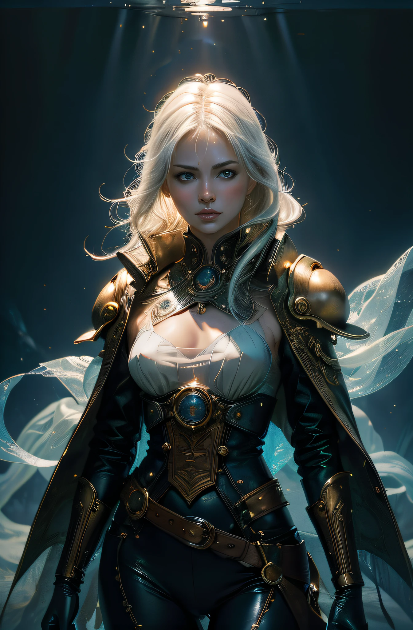 (extremely detailed photo 8k), full body shot photo of the most beautiful artwork in the world, beautiful woman engineer, (light colored hair), cleavage, wearing intricate Celtic 
 patterned futurist colorful clothing, cinematic lighting, very detailed face and eyes, elaborate fantasy background, high-quality photo, photorealistic painting by Ed Blinkey, Atey Ghailan, Studio Ghibli, by Jeremy Mann, Greg Manchess, Antonio Moro, trending on ArtStation, trending on CGSociety, Intricate, High Detail, Sharp focus, dramatic, photorealistic painting art by midjourney and greg rutkowski