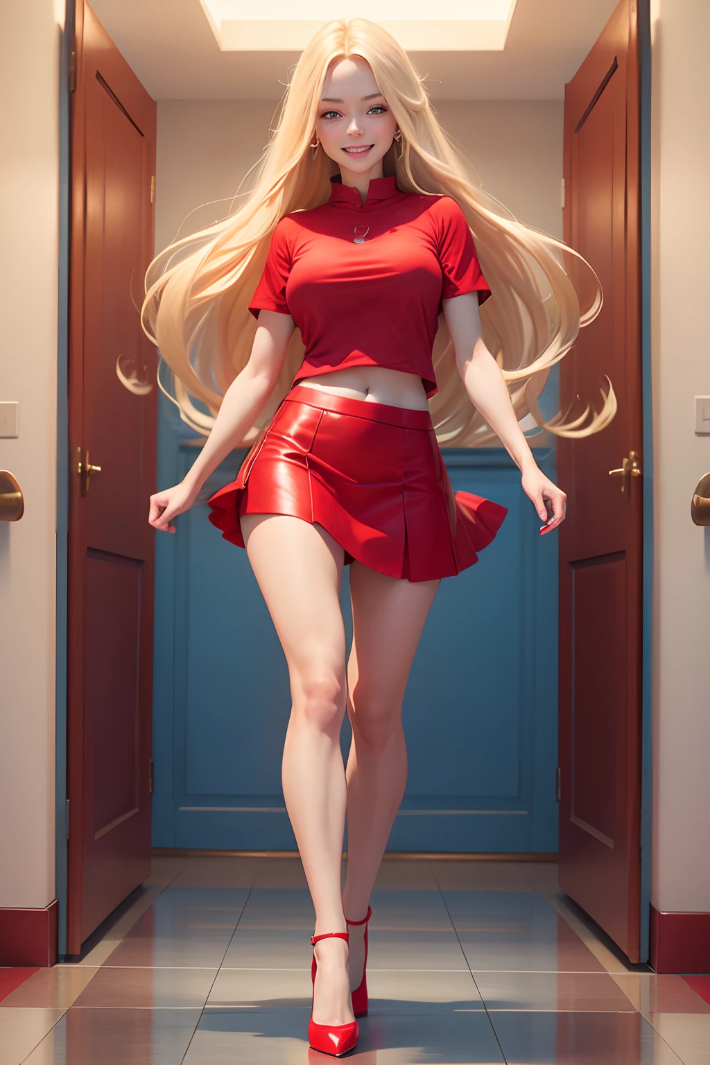 1 full body girl, medium chest, long blonde hair, red skirt, blue eyes, excited face, red shirt, marked nipples, red heels