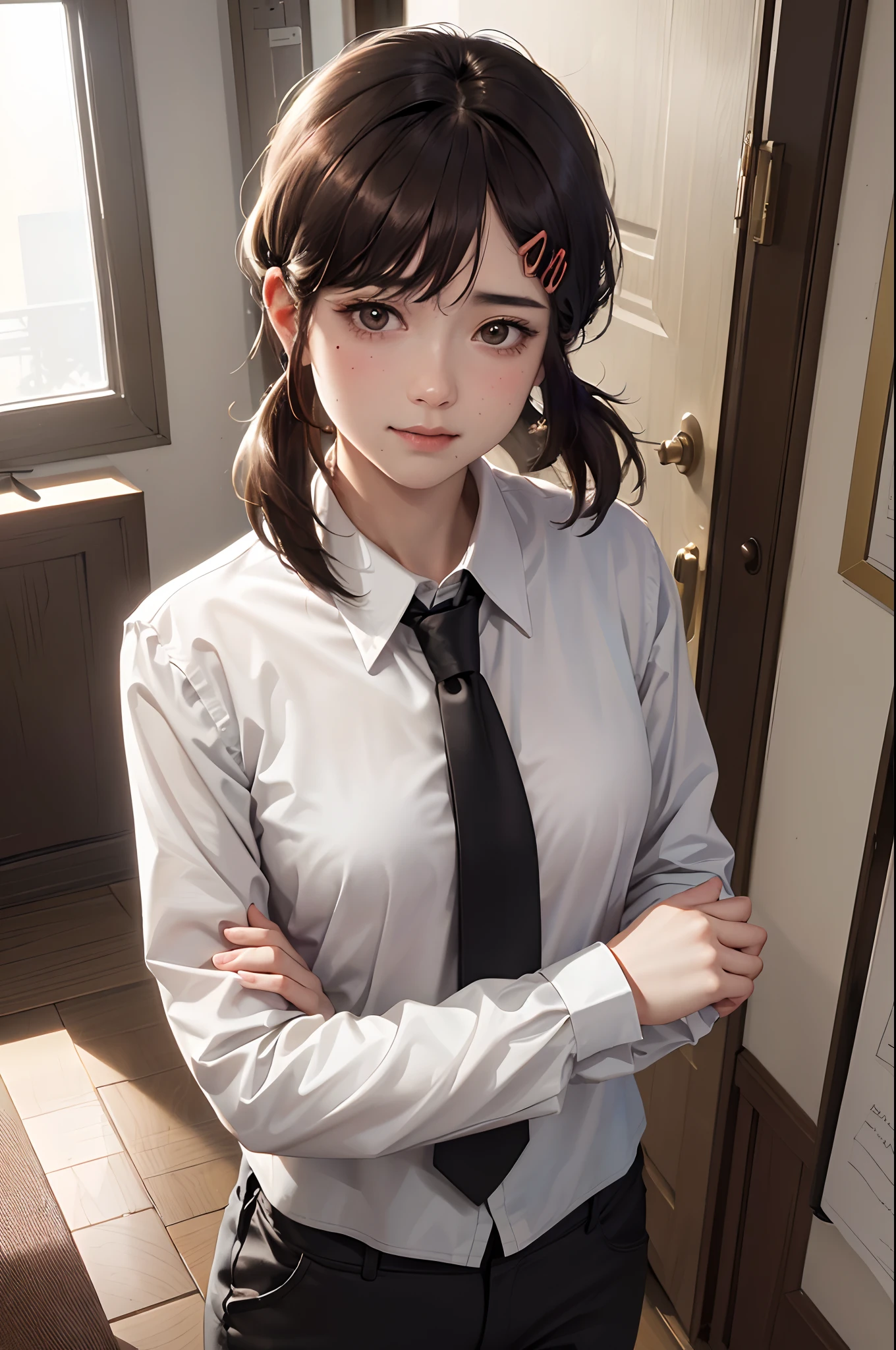 masterpiece, best quality, ultra-detailed, illustration, epic lighting, cinematic composition, isometric, 1girl, solo, cute, brown eyes, black hair, swept bangs, single sidelock, red hairclip, white collared shirt, black necktie, black pants, formal, enchanting gaze, captivating pose, indoors, office, door, opening door, looking at viewer, peeking out upper body, blush, seductive smile, closed mouth,(8k:1.1),