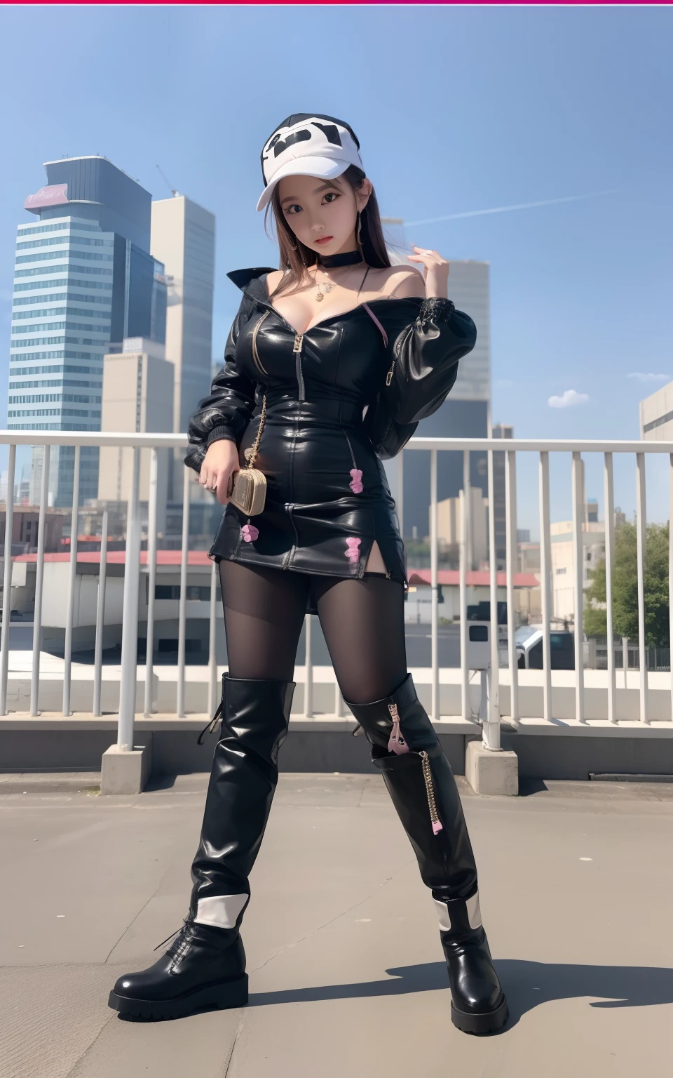 Princess Style Female Idol、Good Style、long hair in vertical rolls、a miniskirt、、Idol face、large full breasts、minidress、、Pink Long Knee High Boots、White cap、Wearing a watch